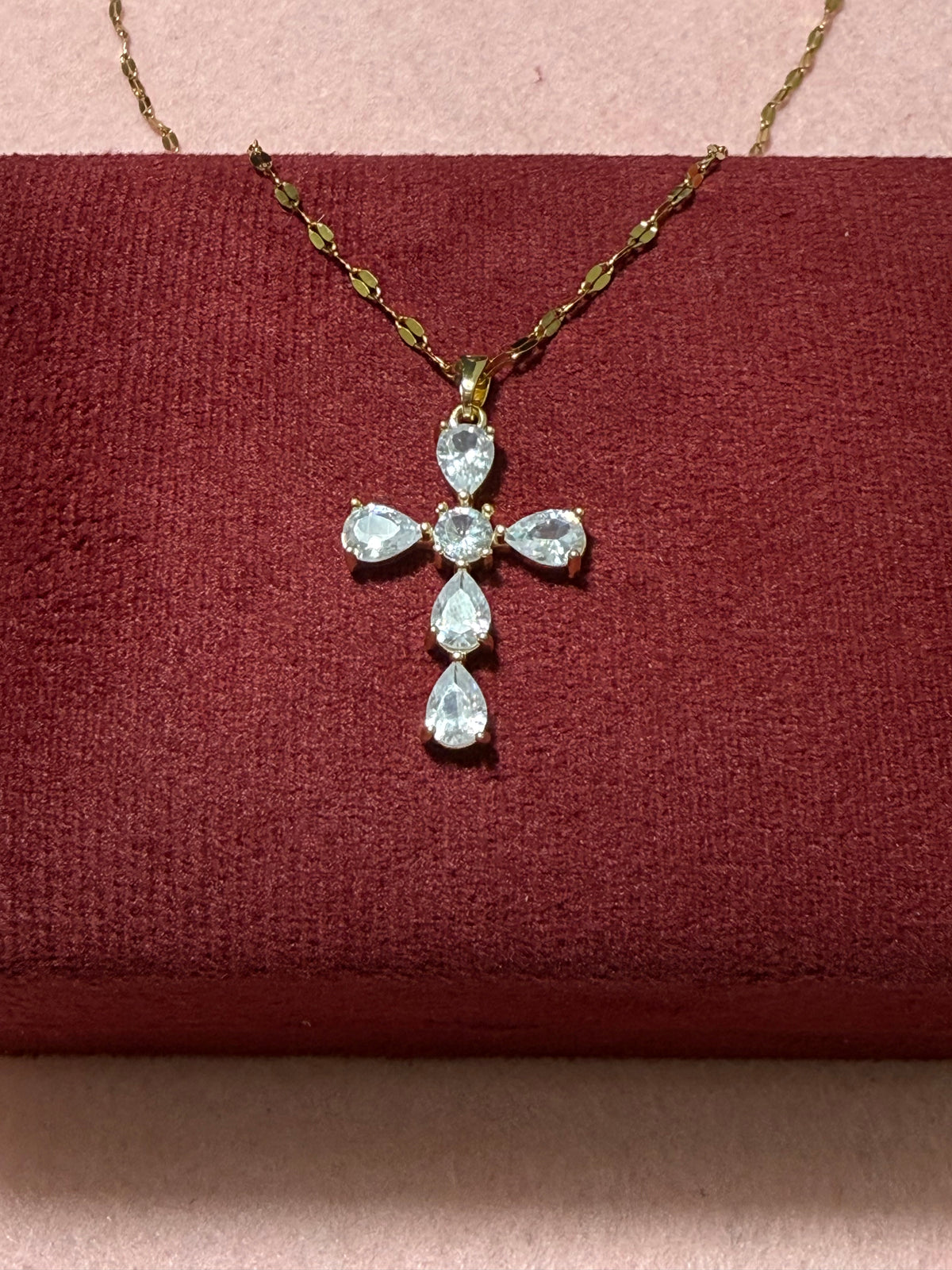 Stainless Steel Gold Cross CZ Pendant Necklace – 18" Adjustable