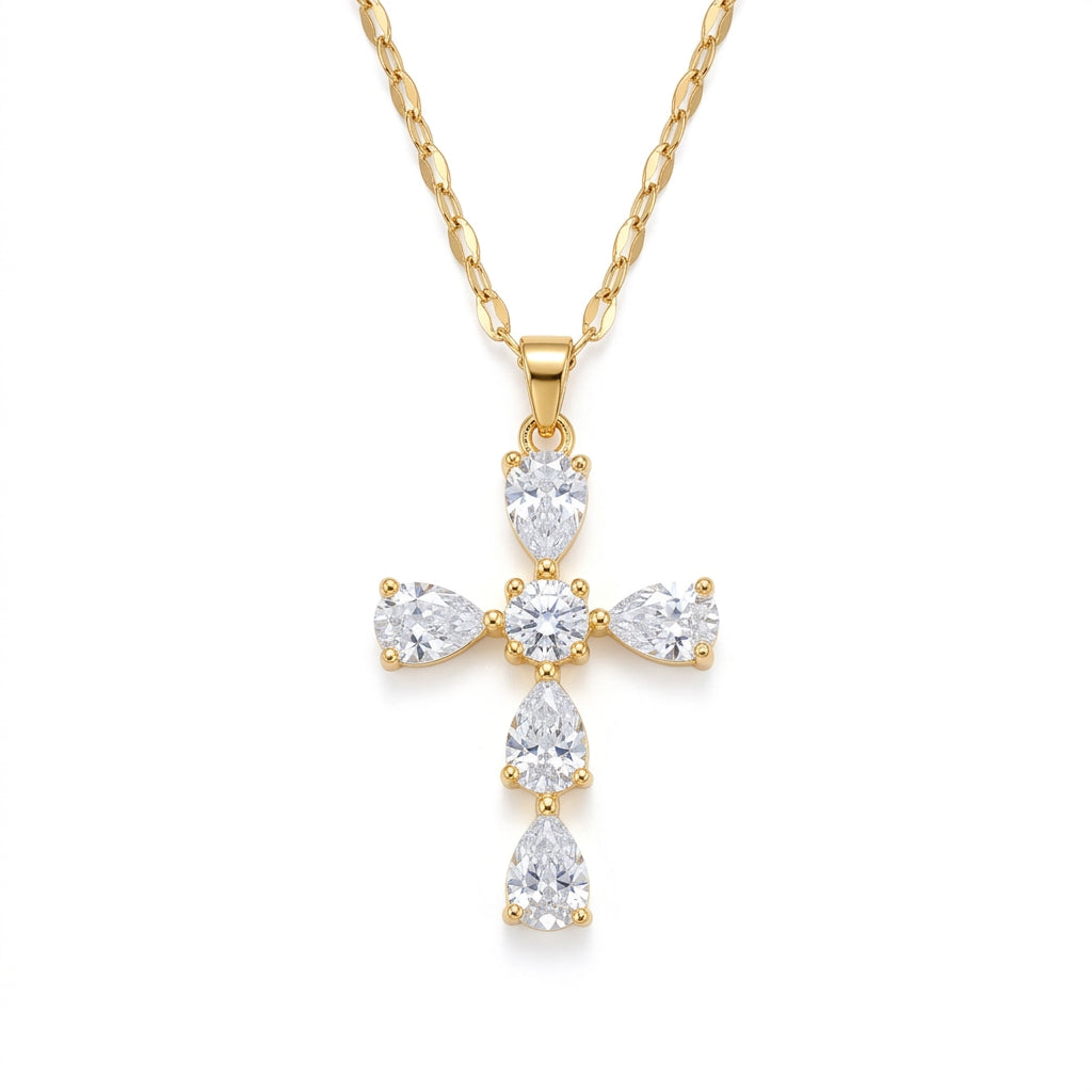 Stainless Steel Gold Cross CZ Pendant Necklace – 18" Adjustable