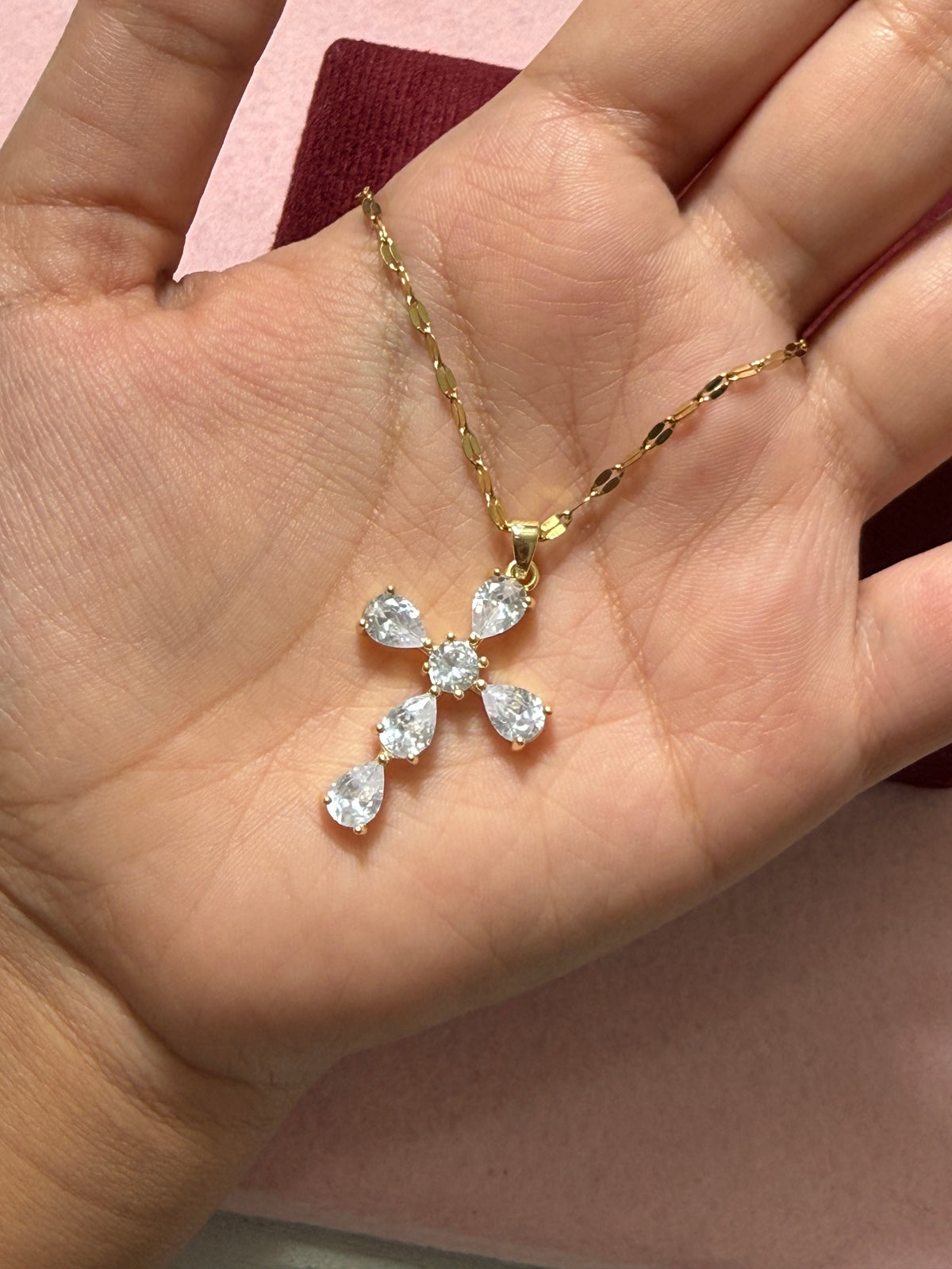 Stainless Steel Gold Cross CZ Pendant Necklace – 18" Adjustable