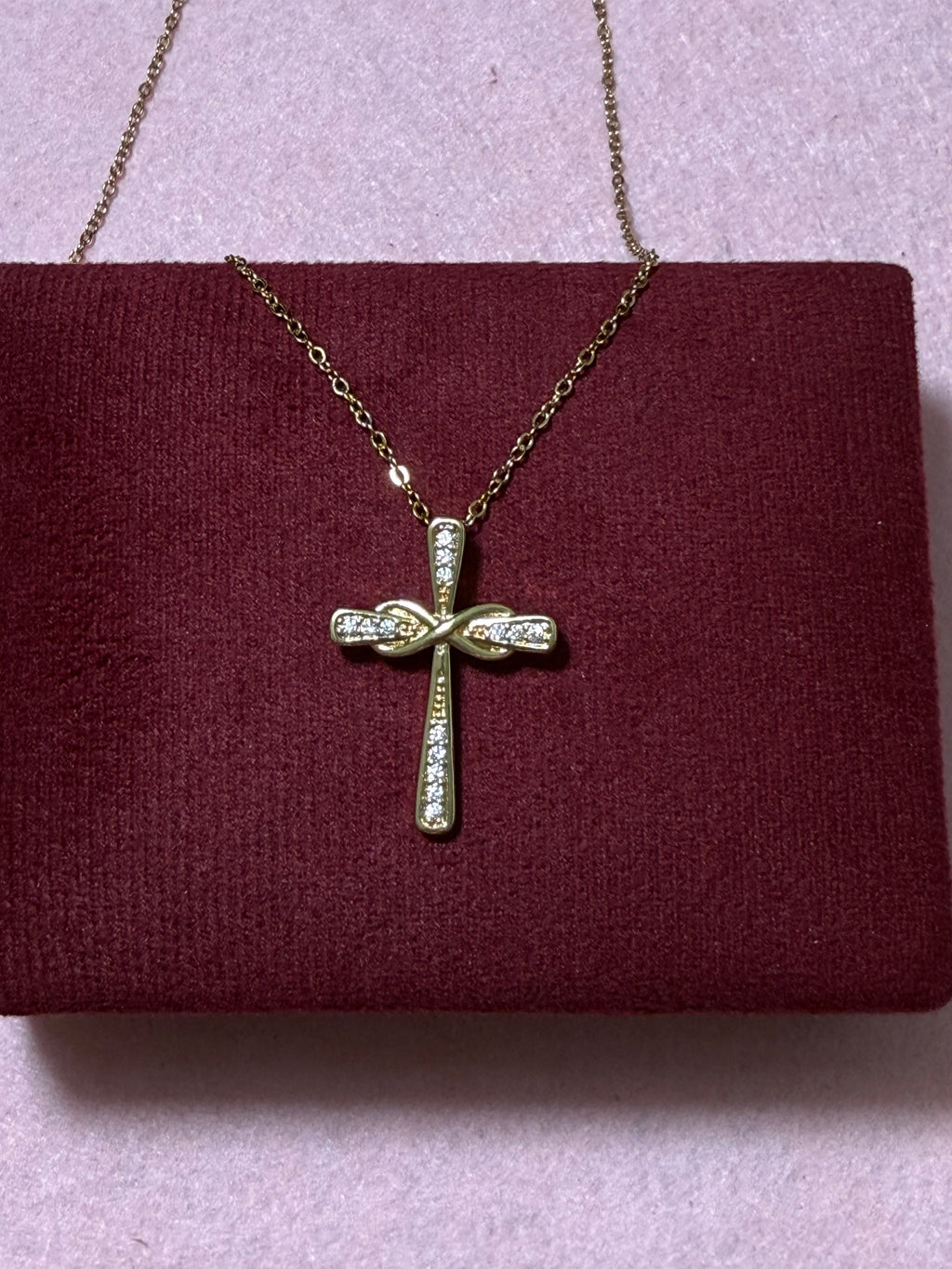 Stainless Steel Gold CZ Cross with Infinity Detail Necklace – 18" Adjustable