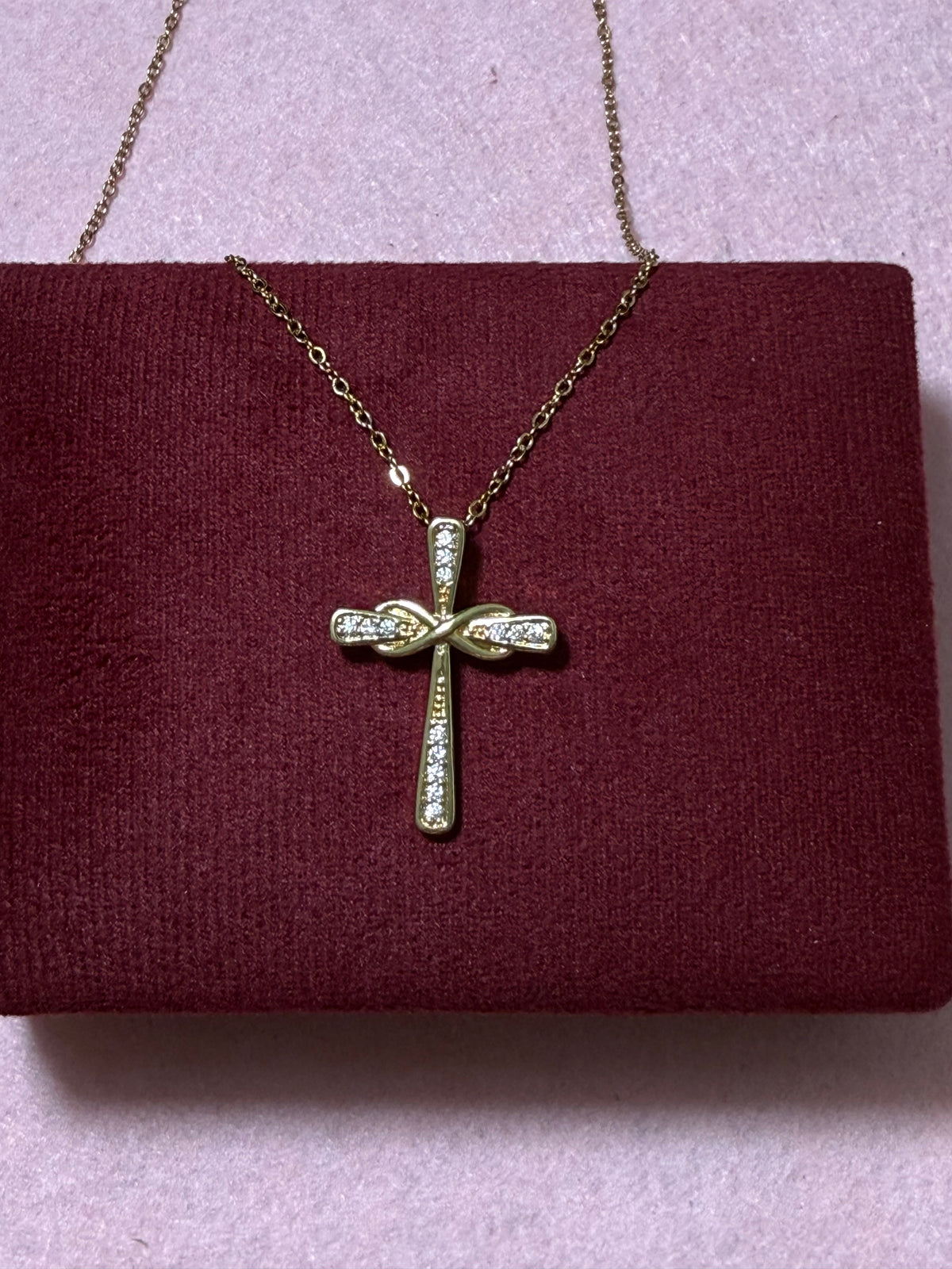 Stainless Steel Gold CZ Cross with Infinity Detail Necklace – 18" Adjustable