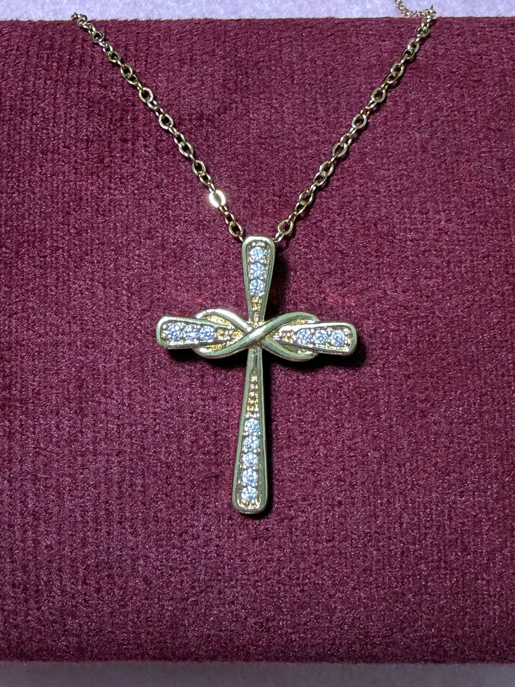 Stainless Steel Gold CZ Cross with Infinity Detail Necklace – 18" Adjustable