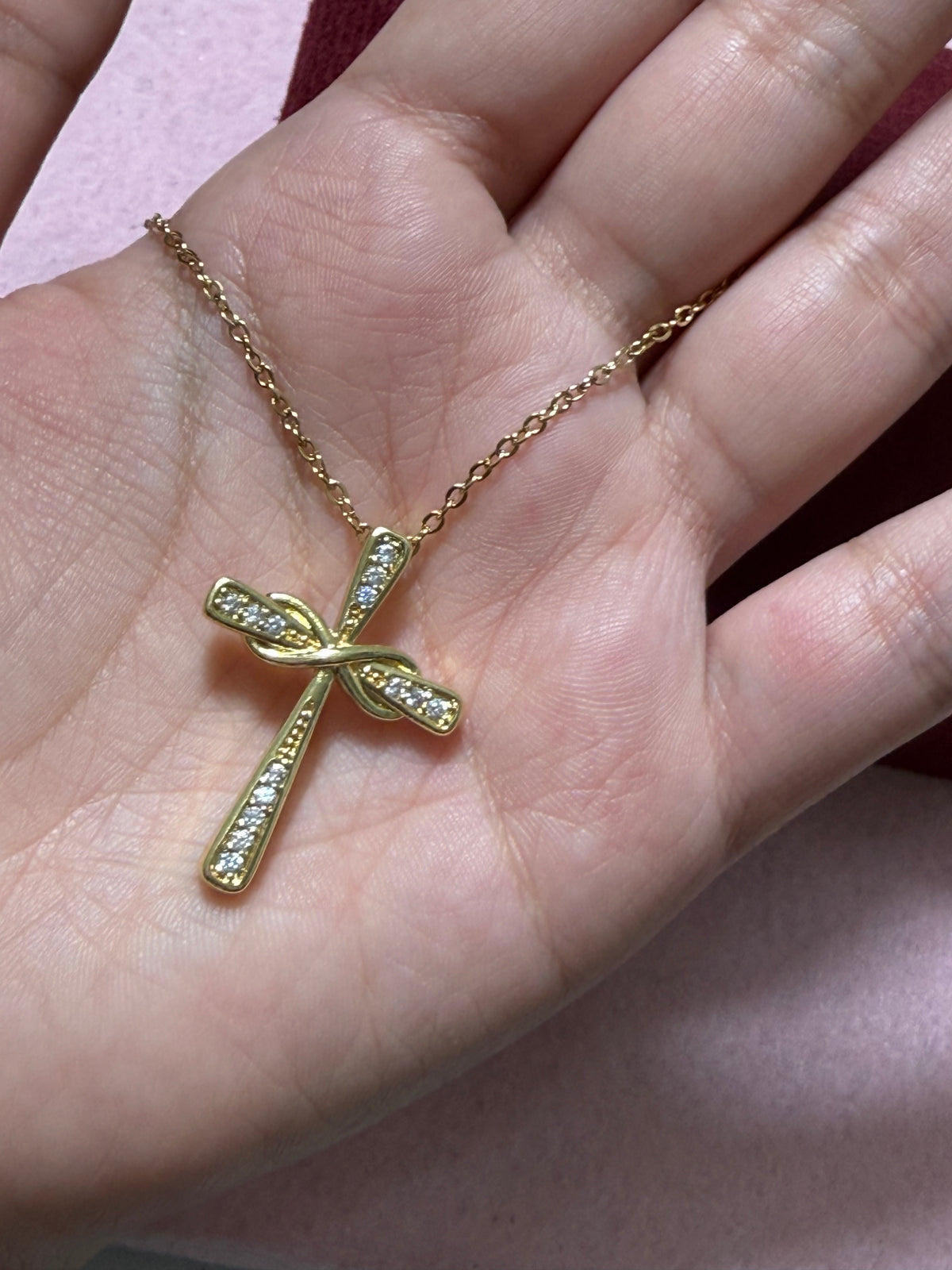 Stainless Steel Gold CZ Cross with Infinity Detail Necklace – 18" Adjustable
