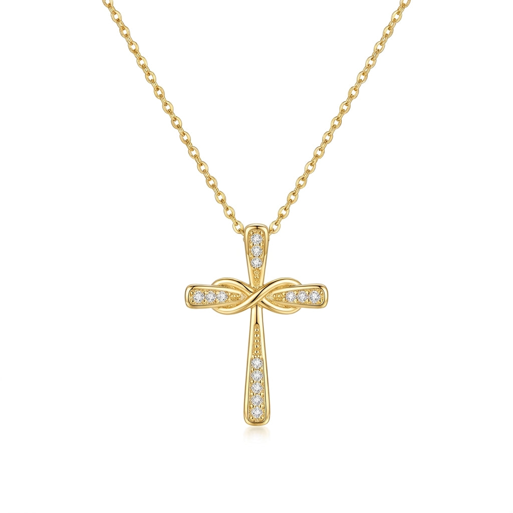 Stainless Steel Gold CZ Cross with Infinity Detail Necklace – 18" Adjustable