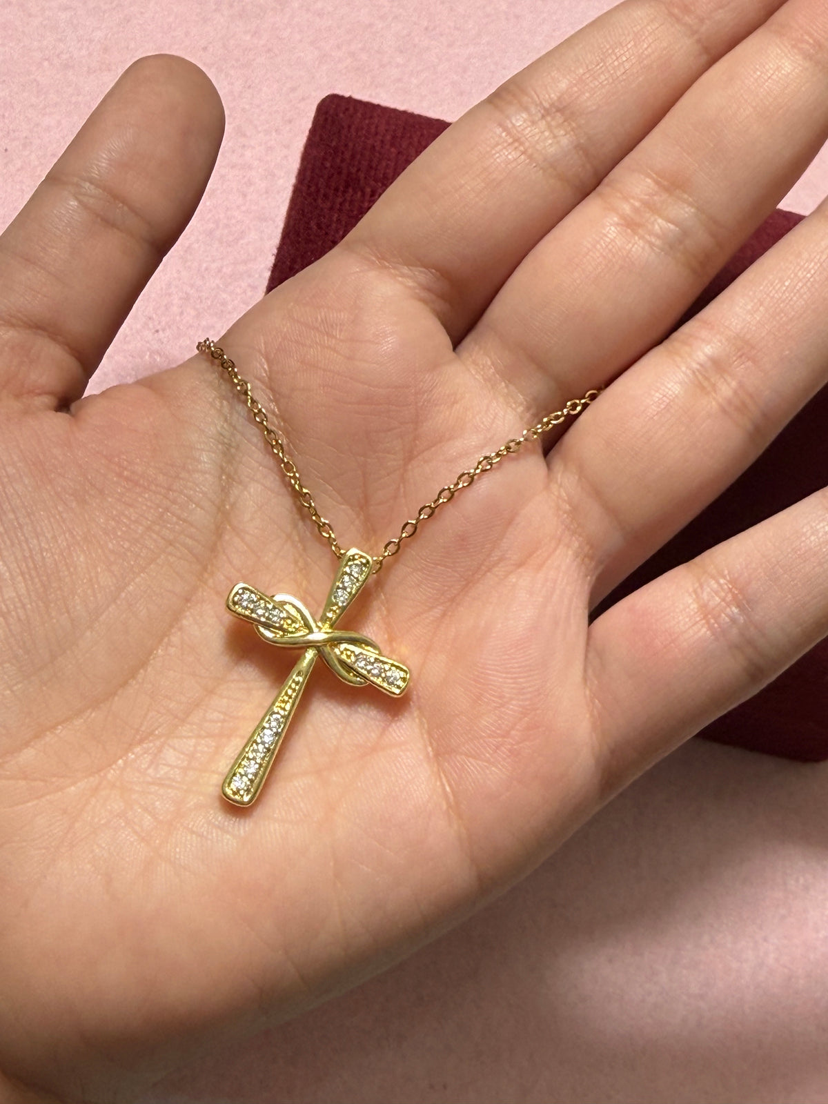Stainless Steel Gold CZ Cross with Infinity Detail Necklace – 18" Adjustable