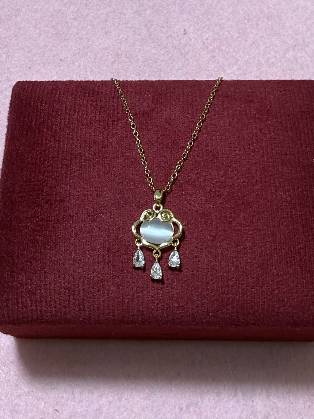 Stainless Steel Gold Cat’s Eye Heart Pendant Necklace with CZ Drops – 18" Adjustable