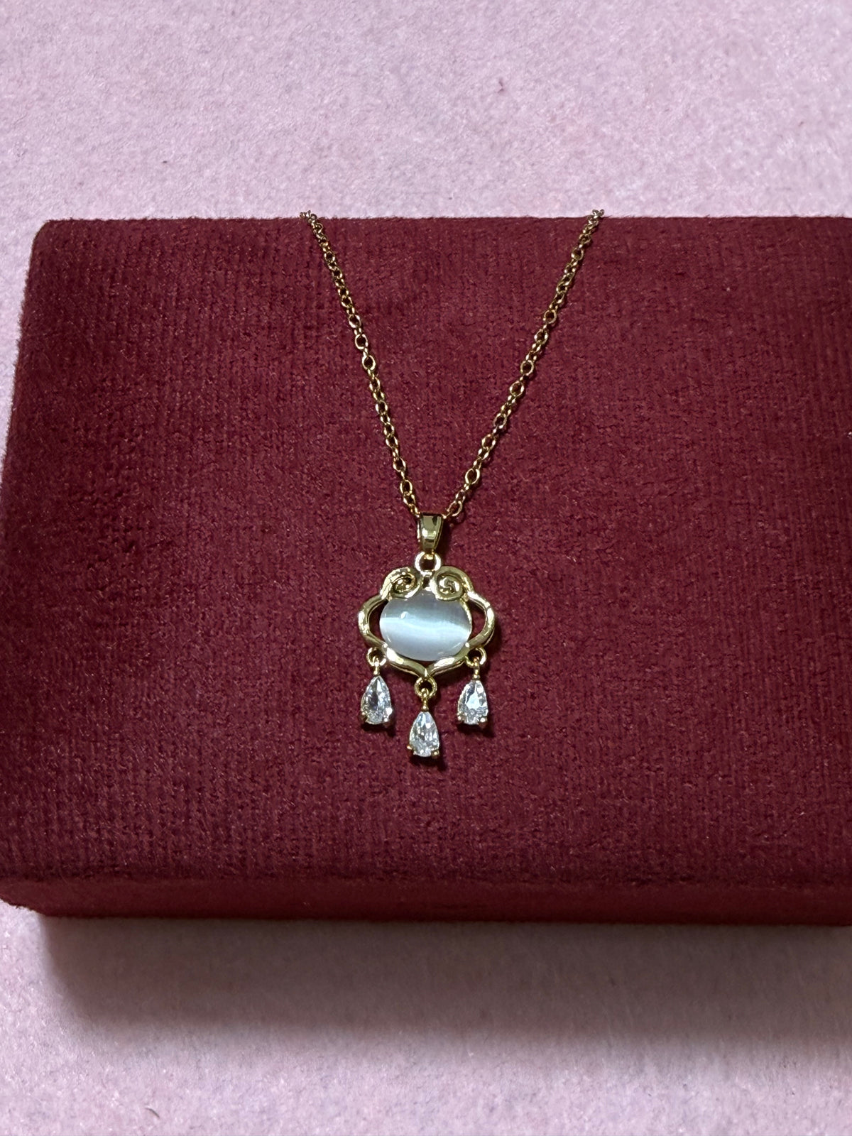 Stainless Steel Gold Cat’s Eye Heart Pendant Necklace with CZ Drops – 18" Adjustable