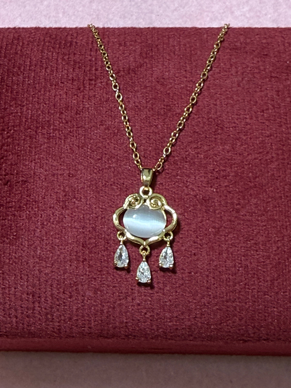 Stainless Steel Gold Cat’s Eye Heart Pendant Necklace with CZ Drops – 18" Adjustable