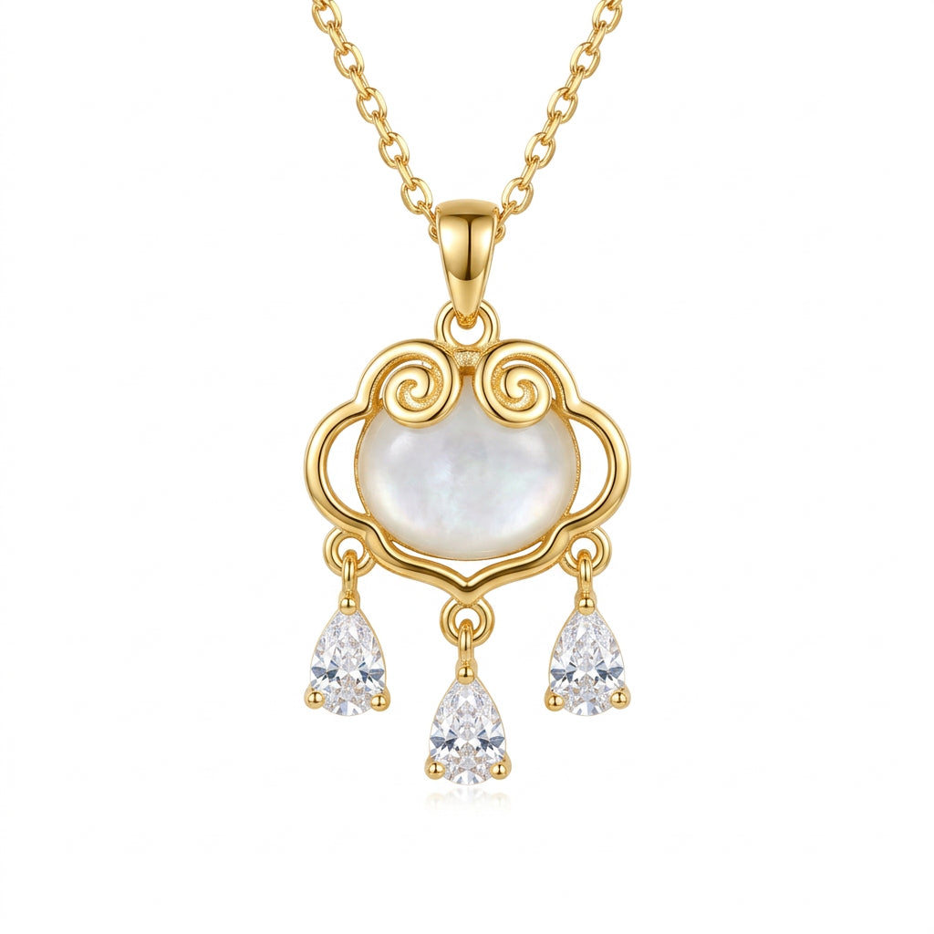 Stainless Steel Gold Cat’s Eye Heart Pendant Necklace with CZ Drops – 18" Adjustable