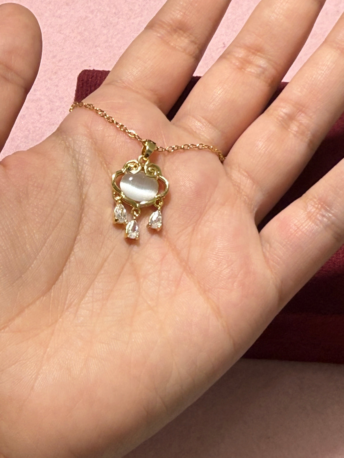 Stainless Steel Gold Cat’s Eye Heart Pendant Necklace with CZ Drops – 18" Adjustable