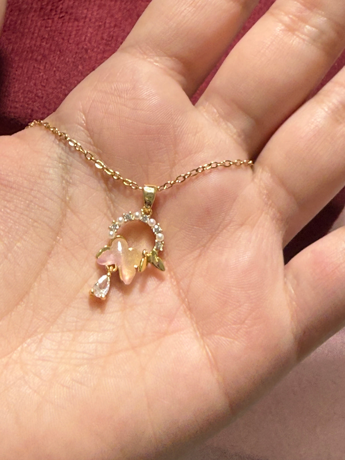 Stainless Steel Gold Pink Flower & Butterfly Pendant Necklace – 18" Adjustable