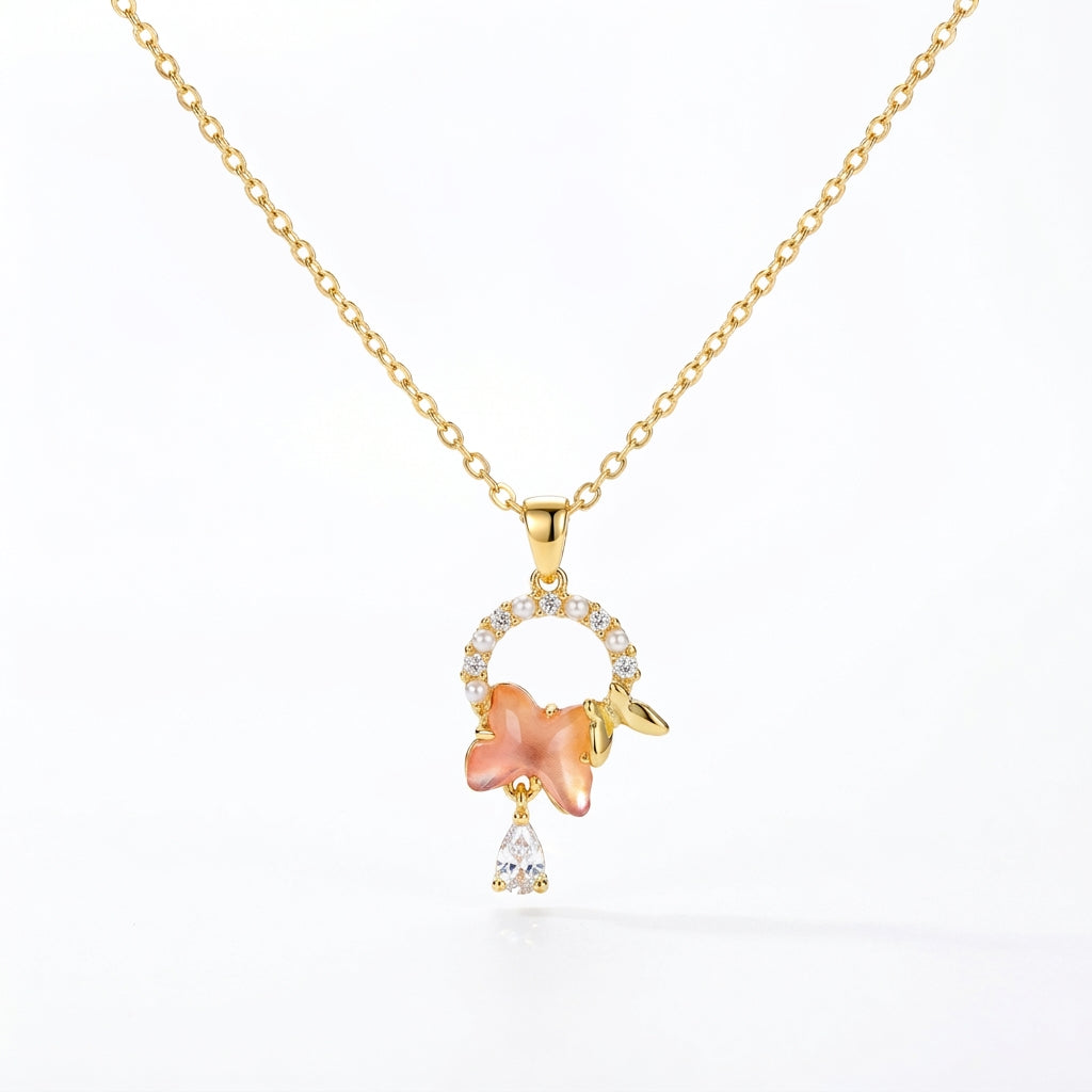 Stainless Steel Gold Pink Flower & Butterfly Pendant Necklace – 18" Adjustable