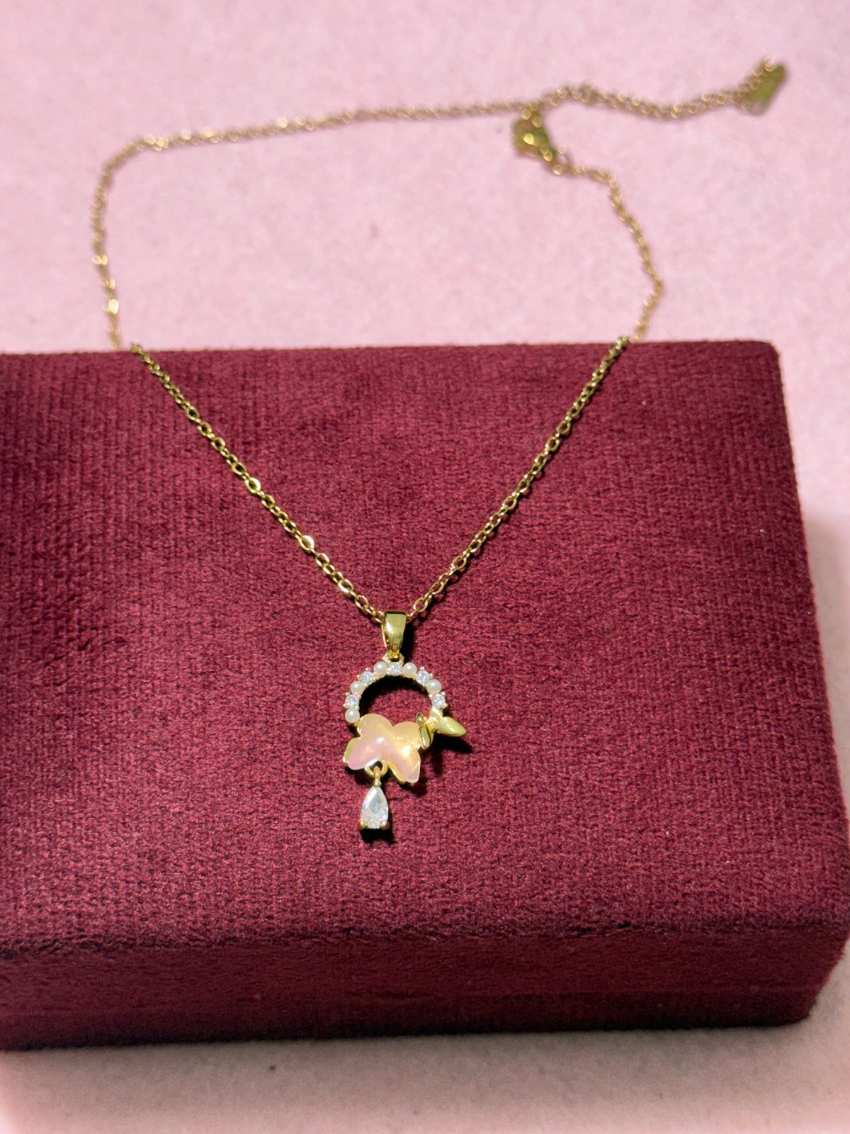 Stainless Steel Gold Pink Flower & Butterfly Pendant Necklace – 18" Adjustable