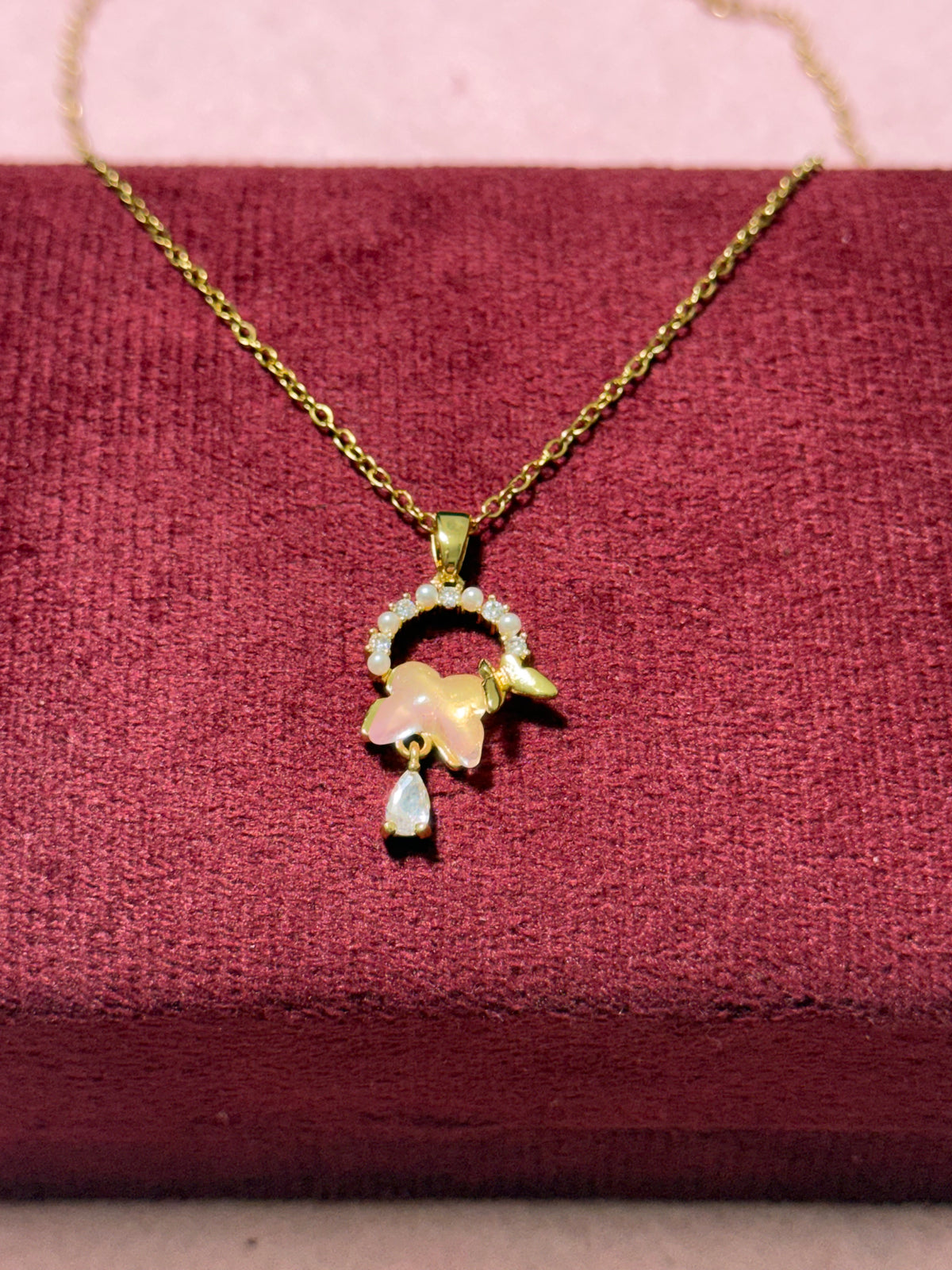 Stainless Steel Gold Pink Flower & Butterfly Pendant Necklace – 18" Adjustable