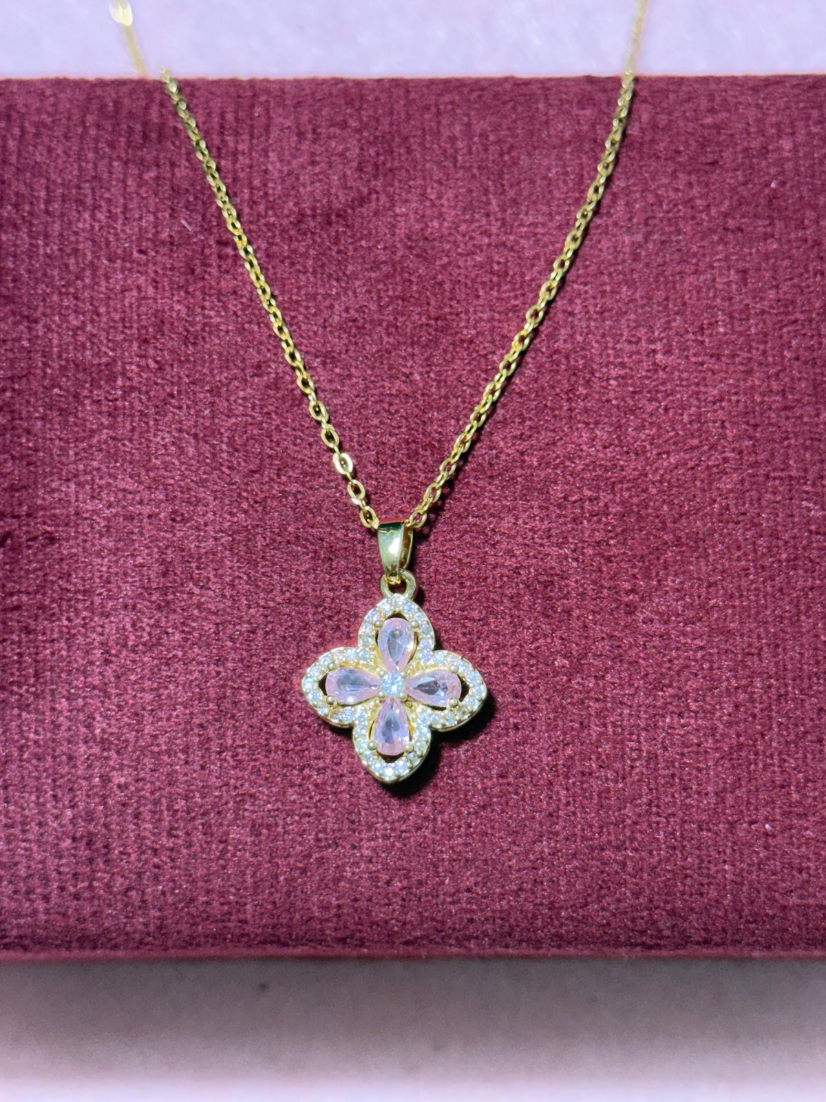 Stainless Steel Gold Pink Four-Petal Flower CZ Necklace – 18" Adjustable