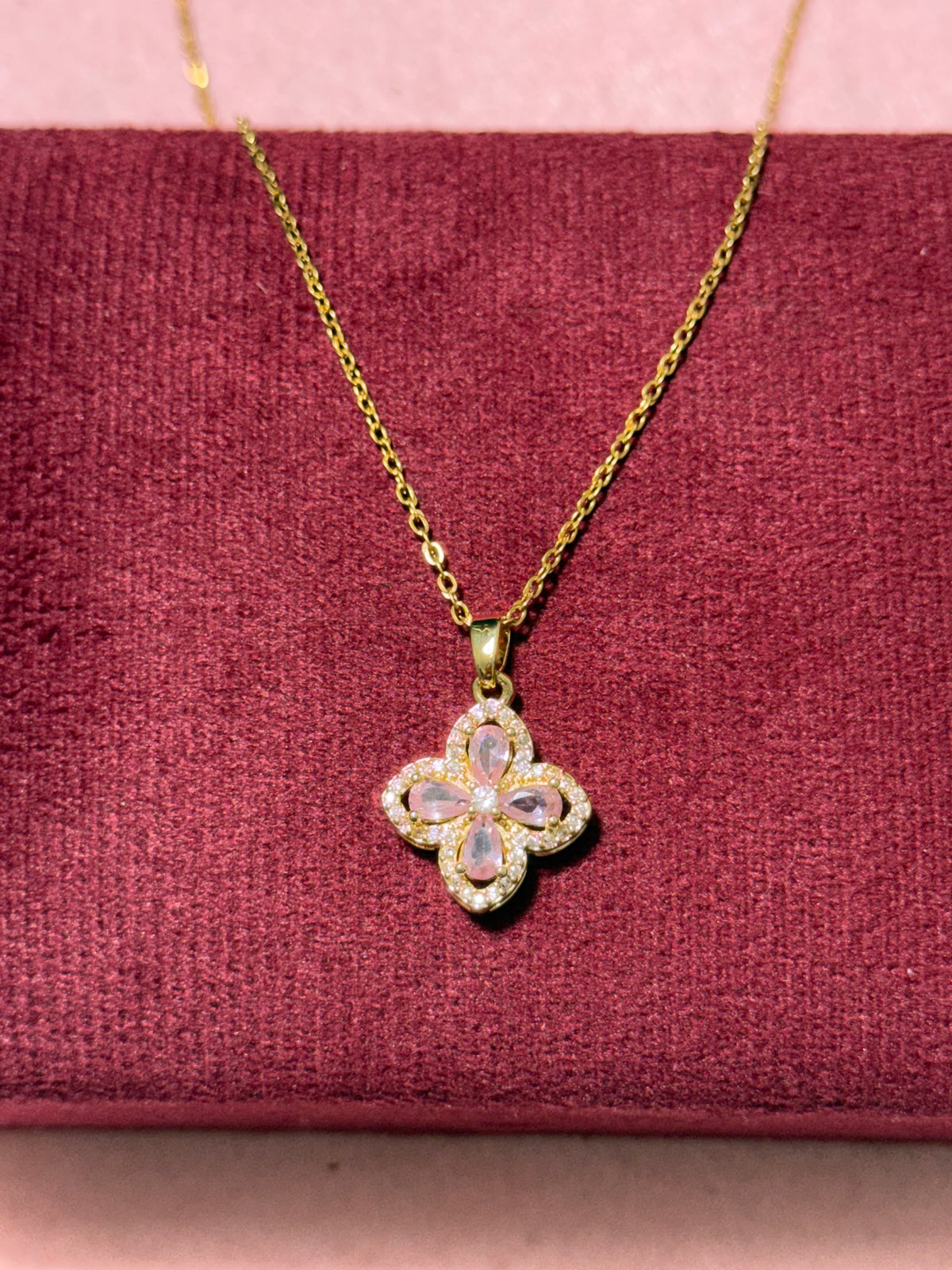 Stainless Steel Gold Pink Four-Petal Flower CZ Necklace – 18" Adjustable