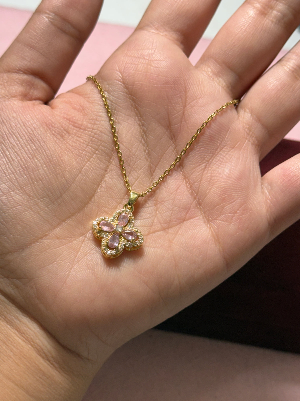 Stainless Steel Gold Pink Four-Petal Flower CZ Necklace – 18" Adjustable