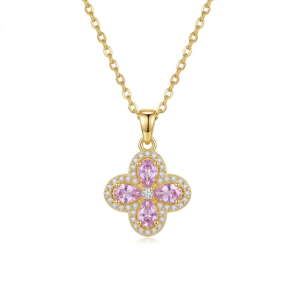 Stainless Steel Gold Pink Four-Petal Flower CZ Necklace – 18" Adjustable