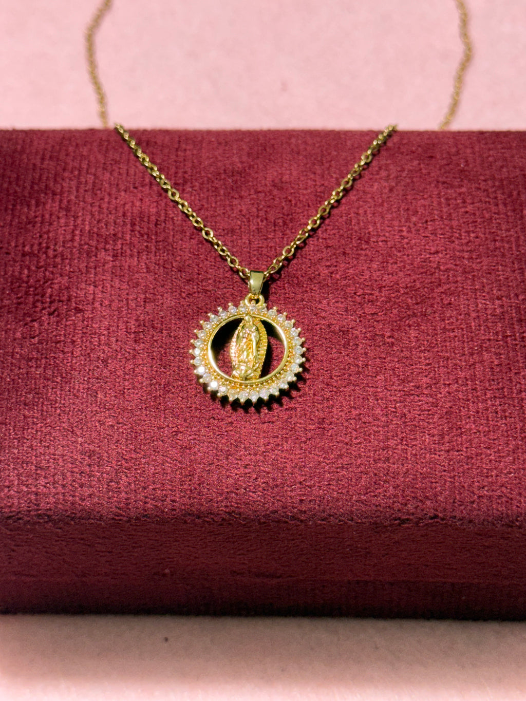 Stainless Steel Gold Virgin Mary of Guadalupe Round Pendant Necklace – 18" Adjustable