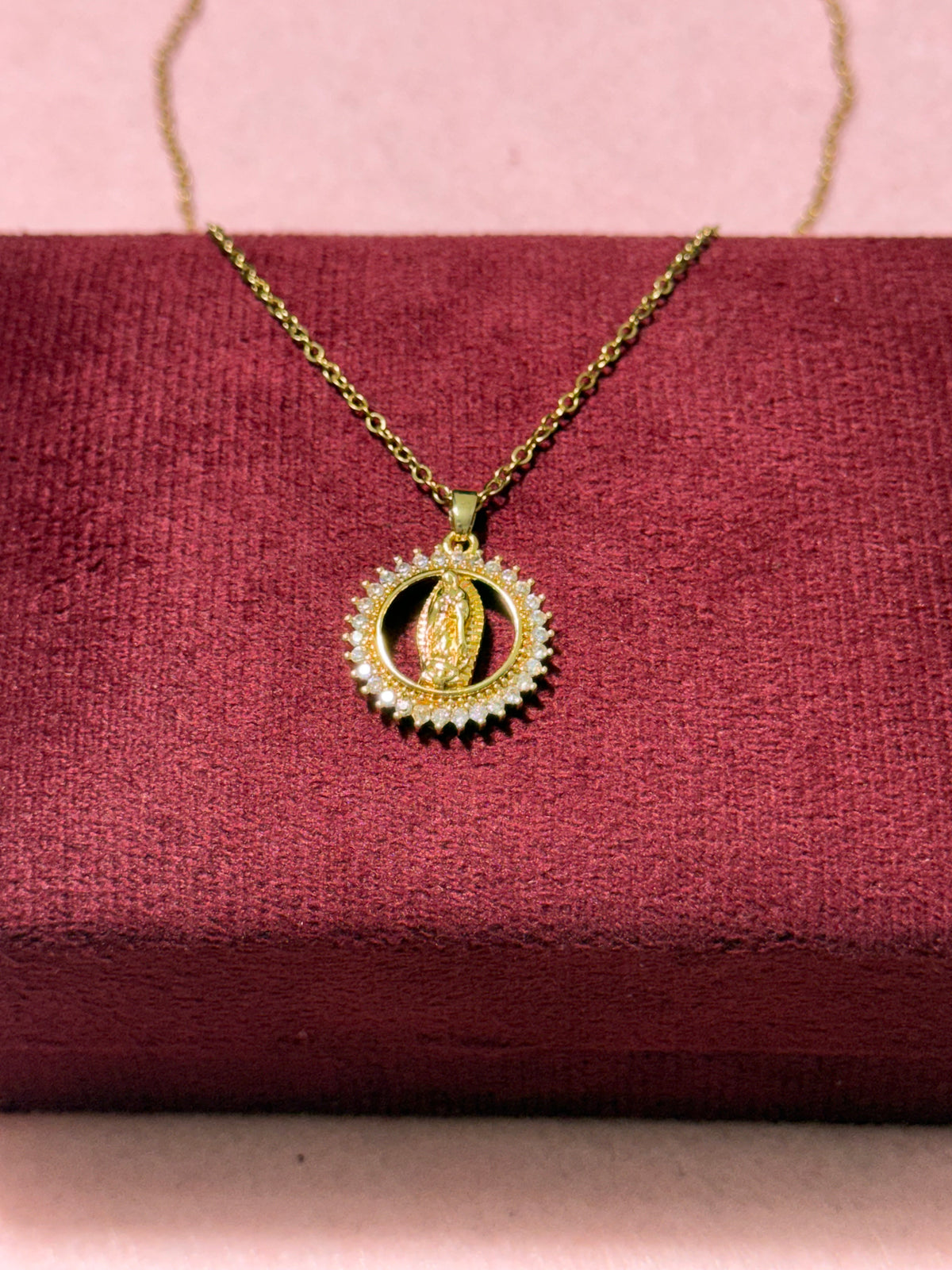 Stainless Steel Gold Virgin Mary of Guadalupe Round Pendant Necklace – 18" Adjustable