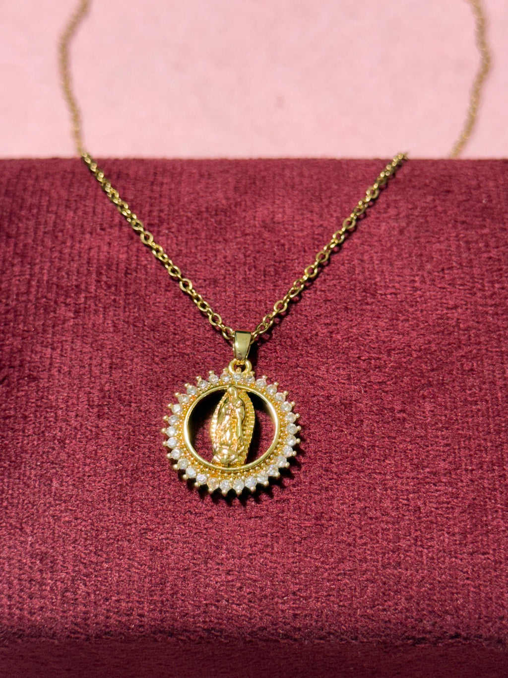 Stainless Steel Gold Virgin Mary of Guadalupe Round Pendant Necklace – 18" Adjustable