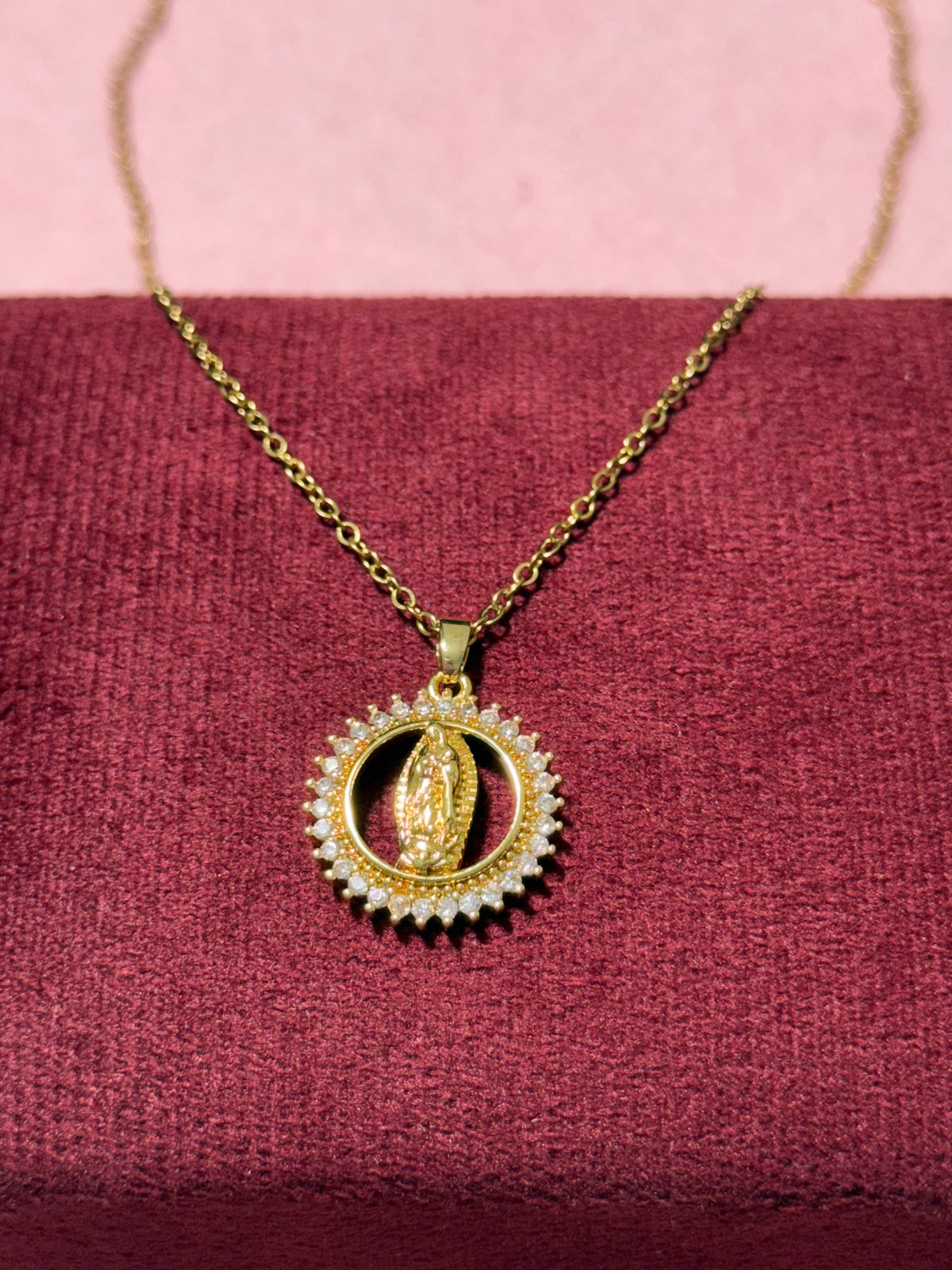 Stainless Steel Gold Virgin Mary of Guadalupe Round Pendant Necklace – 18" Adjustable