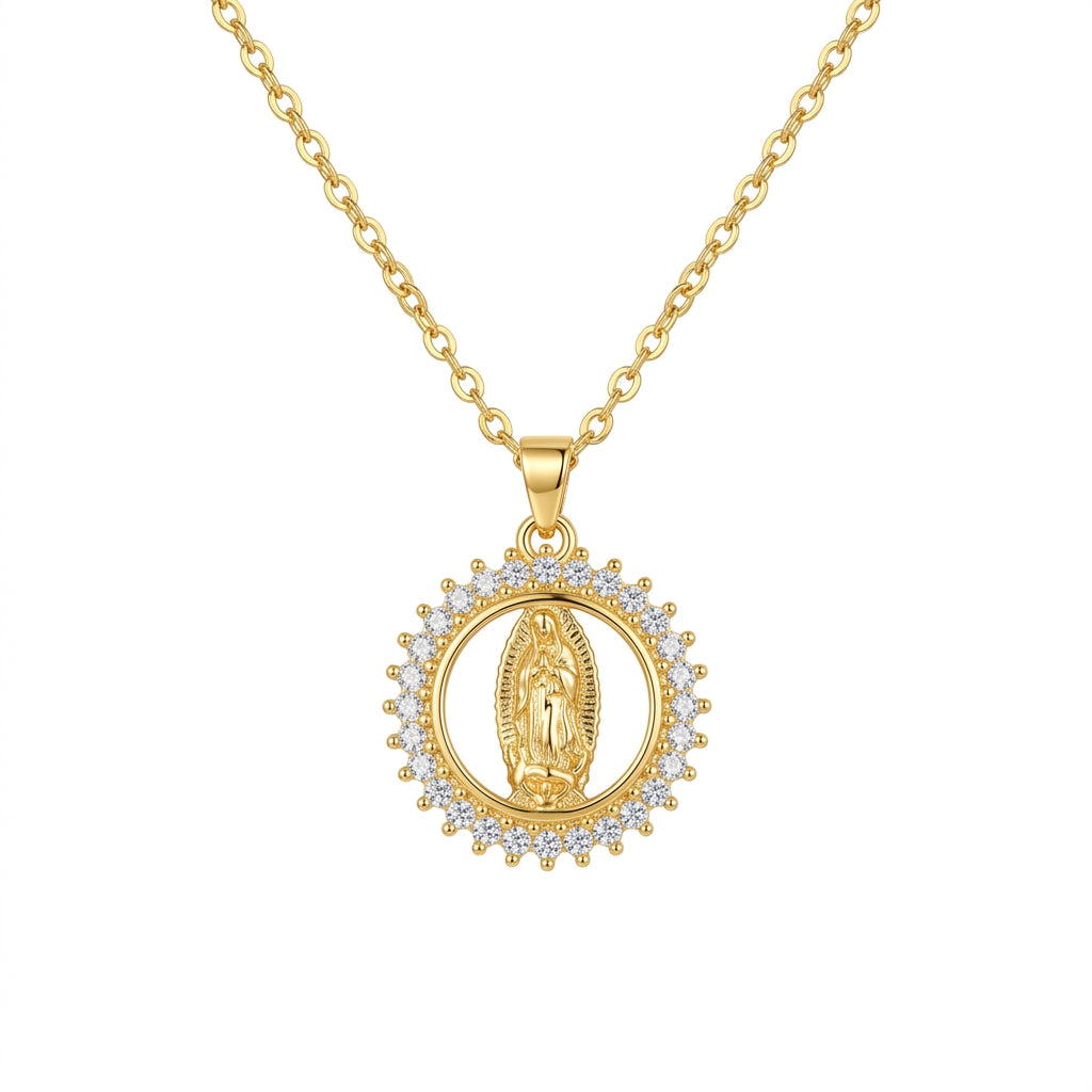 Stainless Steel Gold Virgin Mary of Guadalupe Round Pendant Necklace – 18" Adjustable