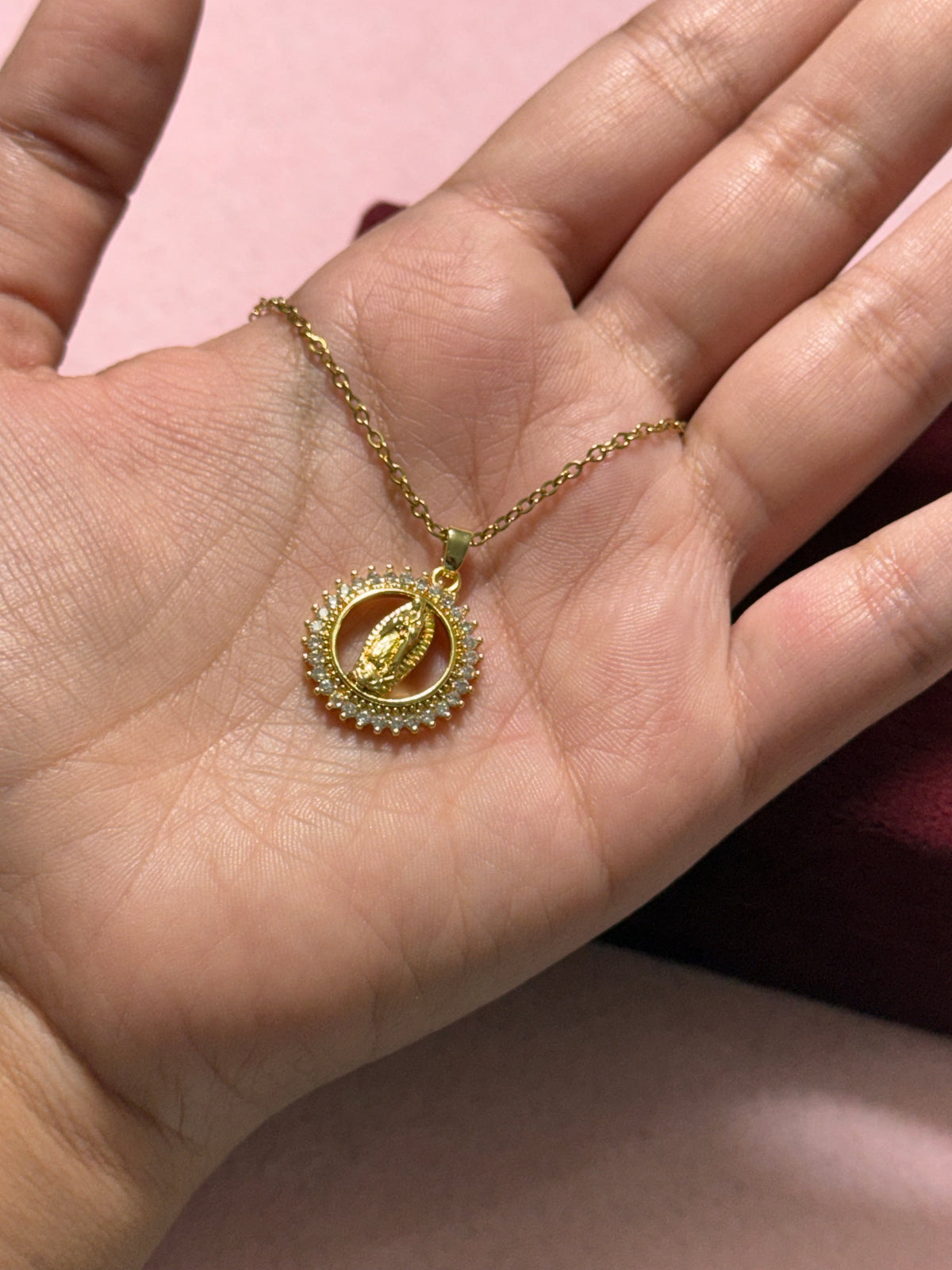 Stainless Steel Gold Virgin Mary of Guadalupe Round Pendant Necklace – 18" Adjustable