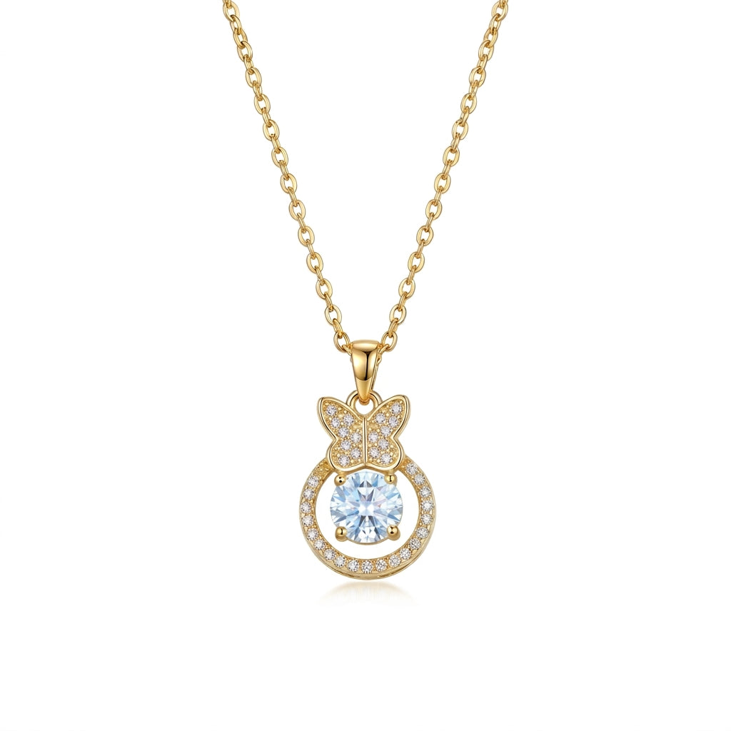 Stainless Steel Gold Butterfly & Round Crystal Pendant Necklace – 18" Adjustable