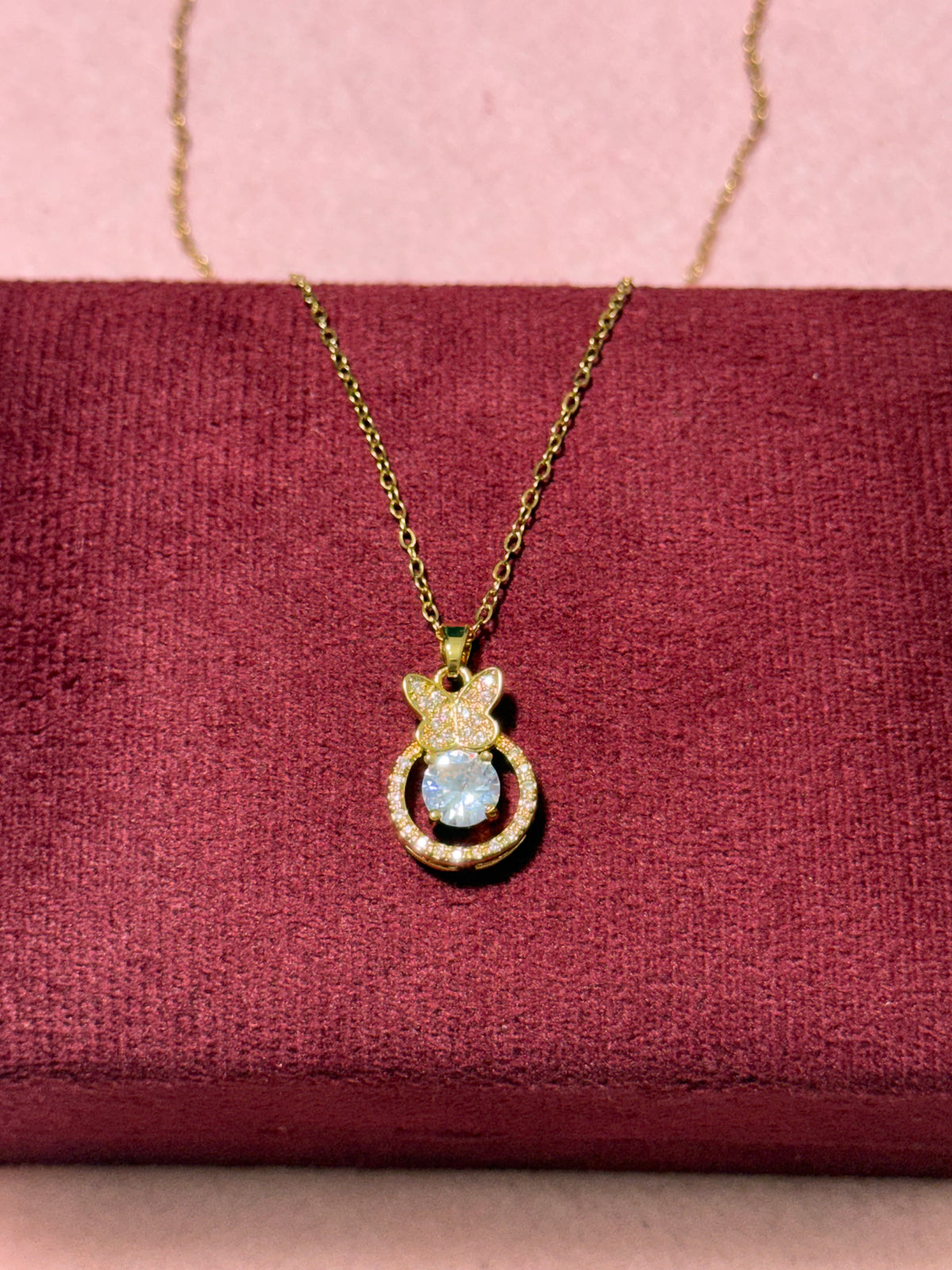 Stainless Steel Gold Butterfly & Round Crystal Pendant Necklace – 18" Adjustable