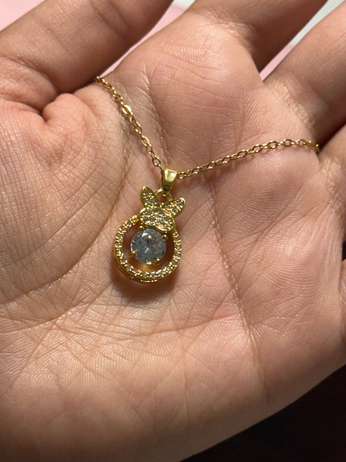 Stainless Steel Gold Butterfly & Round Crystal Pendant Necklace – 18" Adjustable