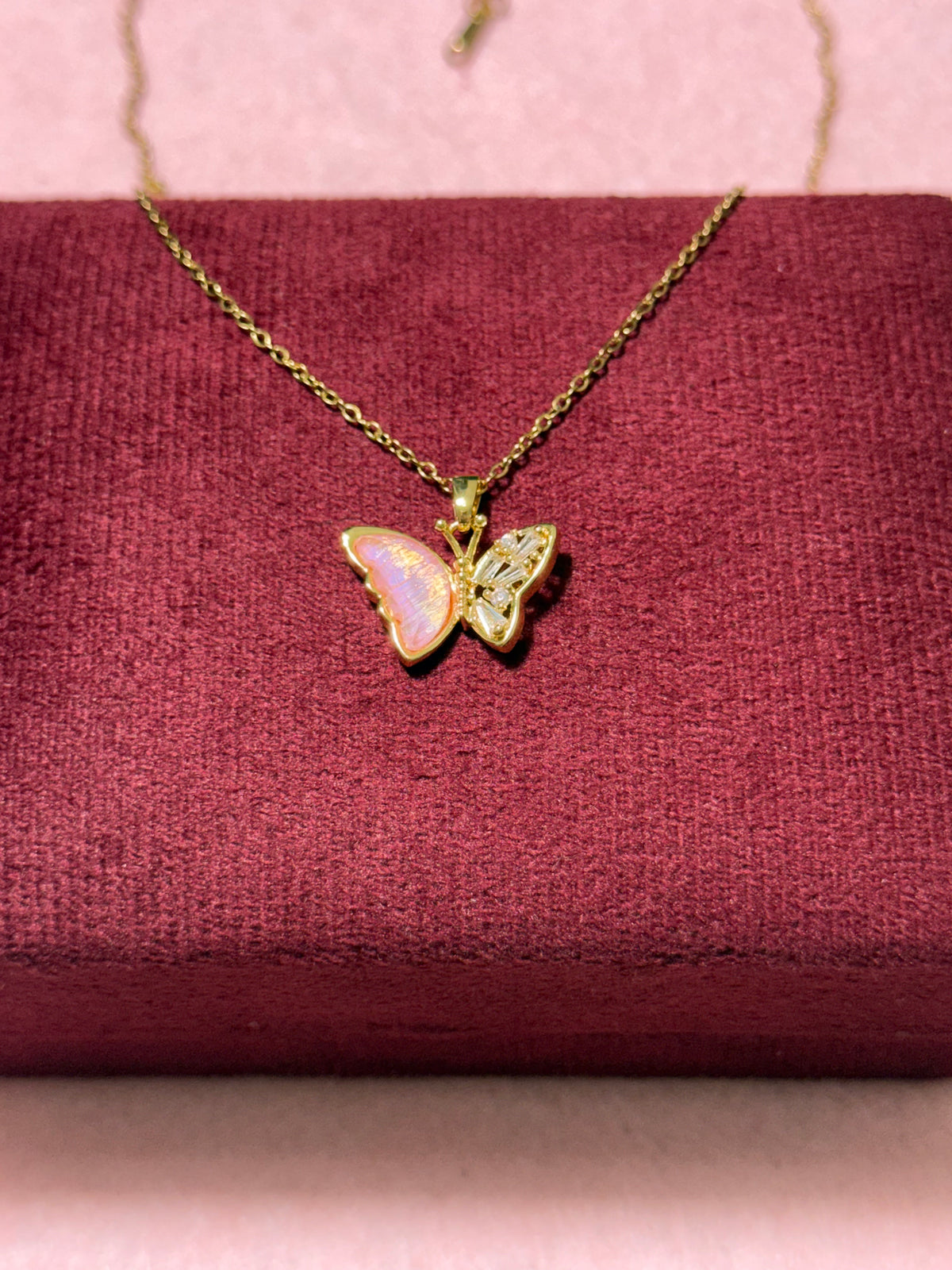 Stainless Steel Gold Pink Butterfly Necklace – 18" Adjustable