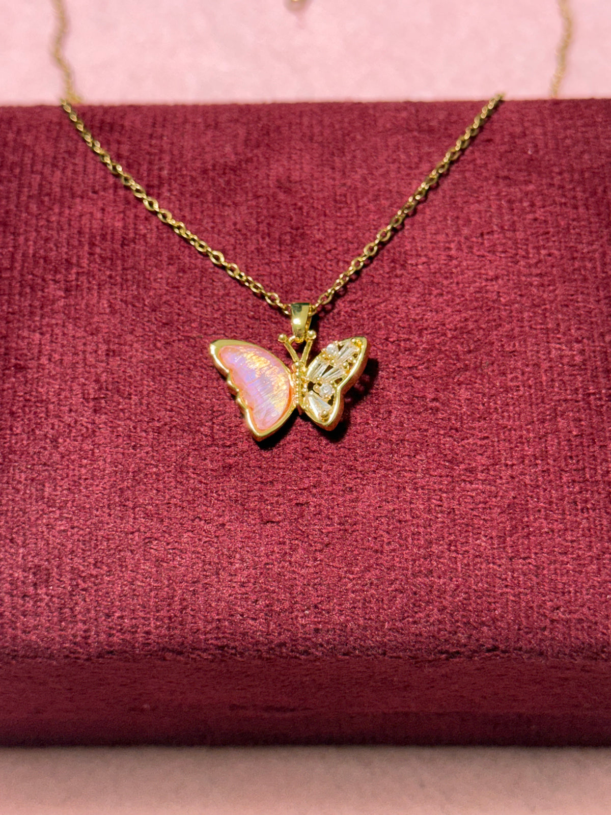 Stainless Steel Gold Pink Butterfly Necklace – 18" Adjustable
