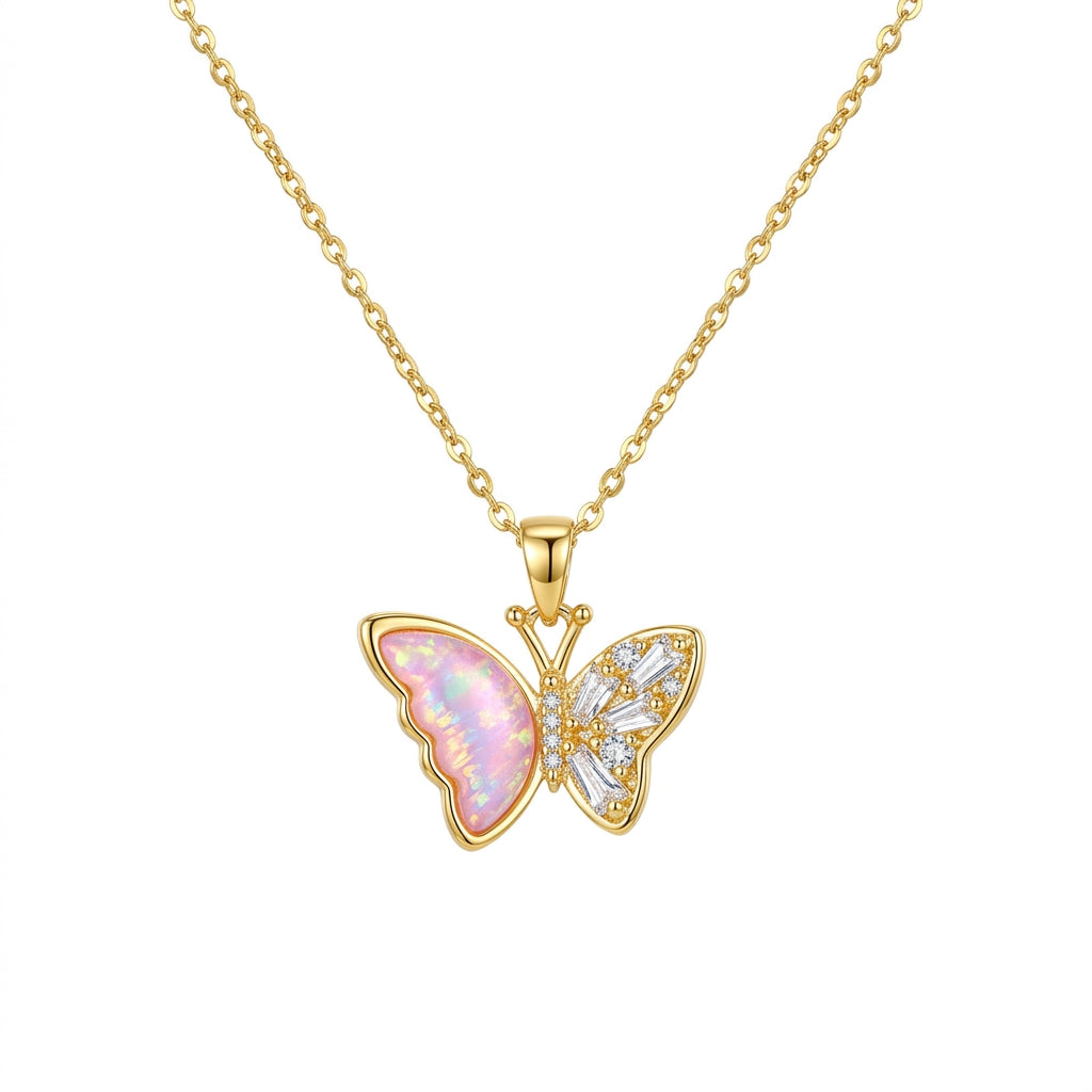 Stainless Steel Gold Pink Butterfly Necklace – 18" Adjustable