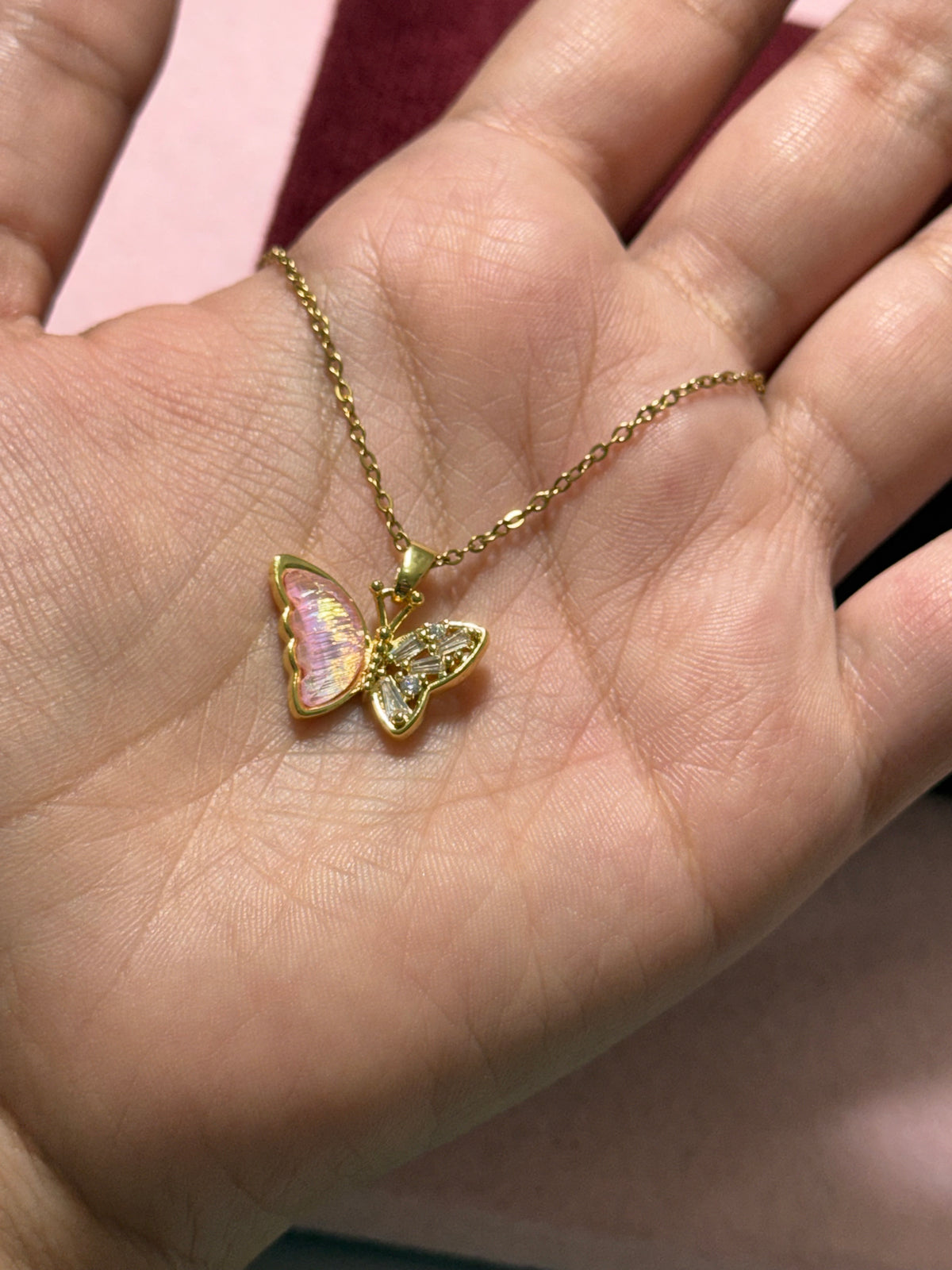Stainless Steel Gold Pink Butterfly Necklace – 18" Adjustable