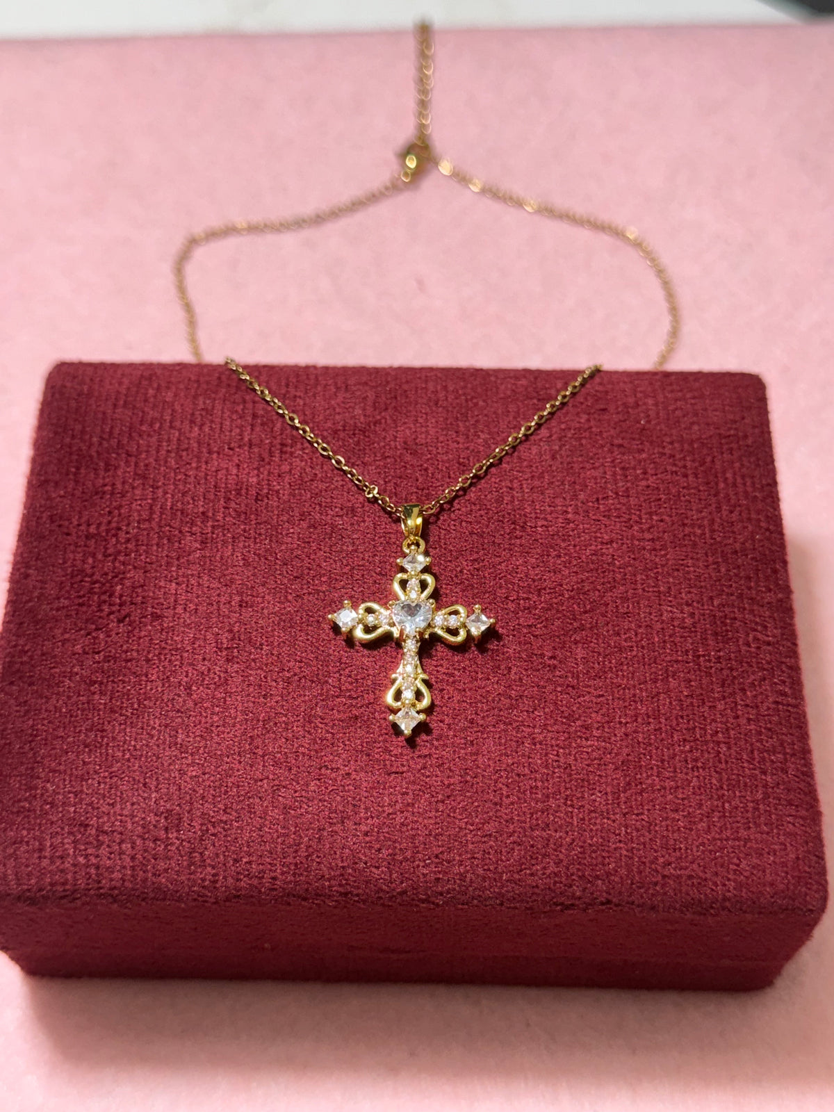 Stainless Steel Gold Heart & Crystal Cross Necklace – 18" Adjustable
