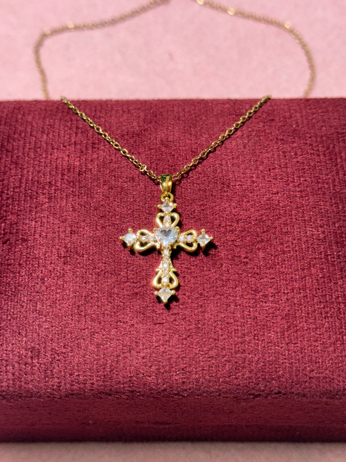 Stainless Steel Gold Heart & Crystal Cross Necklace – 18" Adjustable