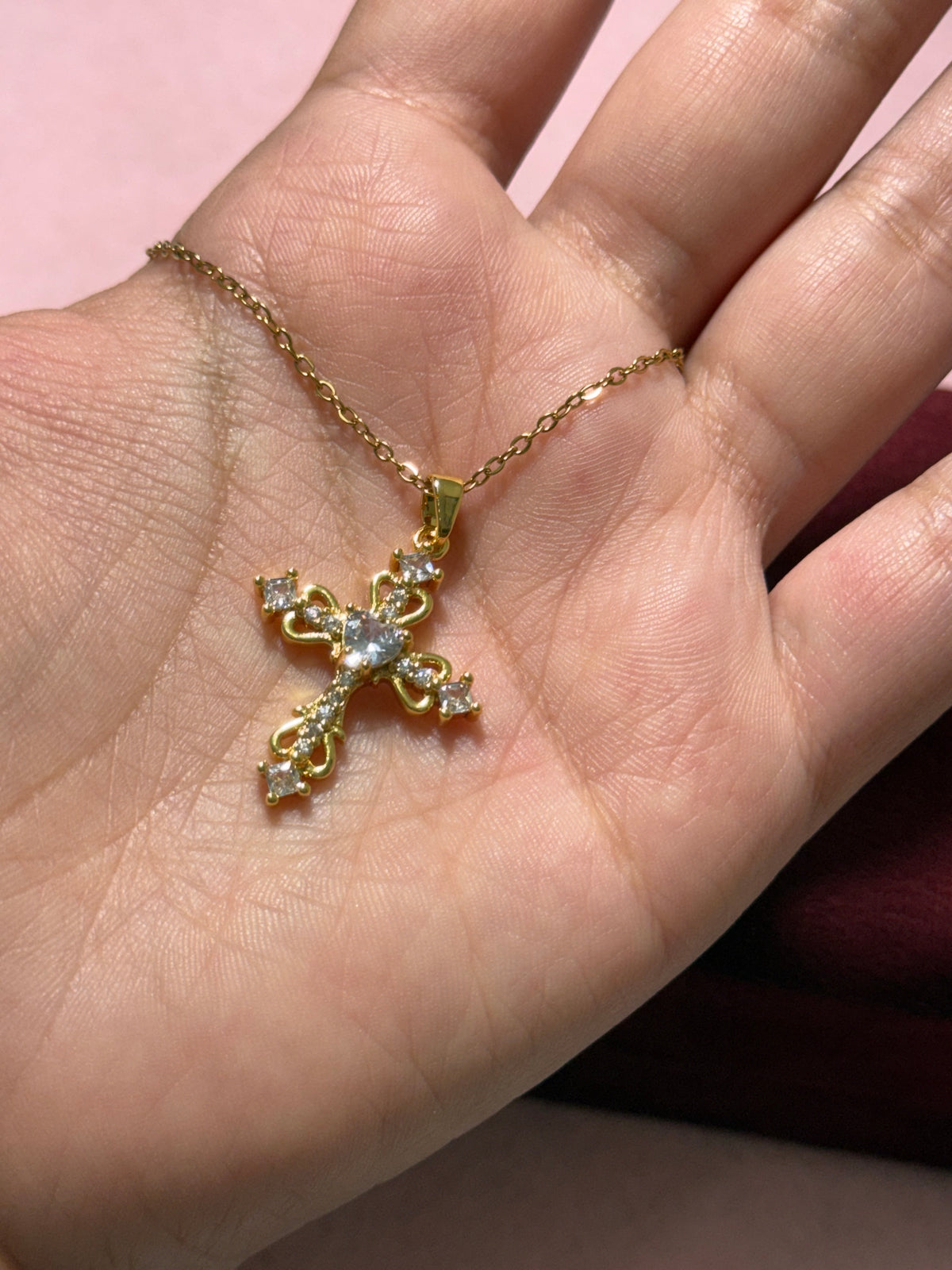 Stainless Steel Gold Heart & Crystal Cross Necklace – 18" Adjustable