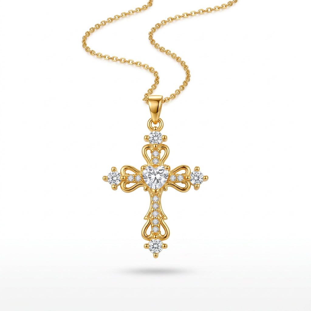 Stainless Steel Gold Heart & Crystal Cross Necklace – 18" Adjustable