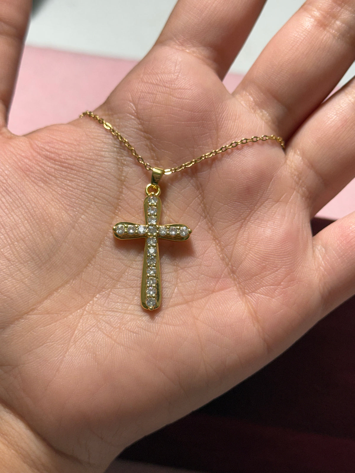 Stainless Steel Gold Crystal Cross Necklace – 18" Adjustable