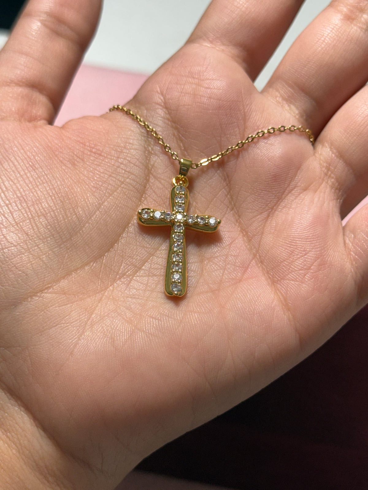 Stainless Steel Gold Crystal Cross Necklace – 18" Adjustable