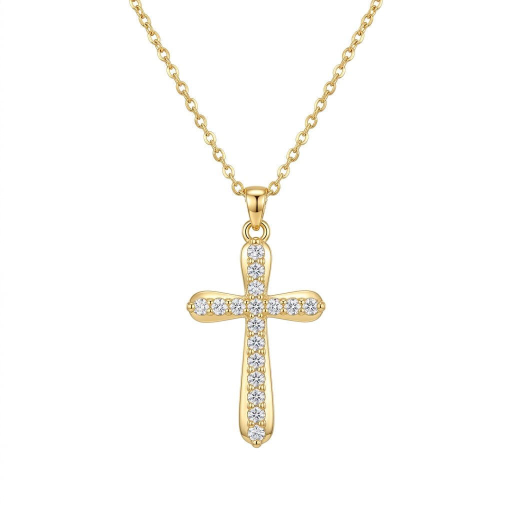 Stainless Steel Gold Crystal Cross Necklace – 18" Adjustable