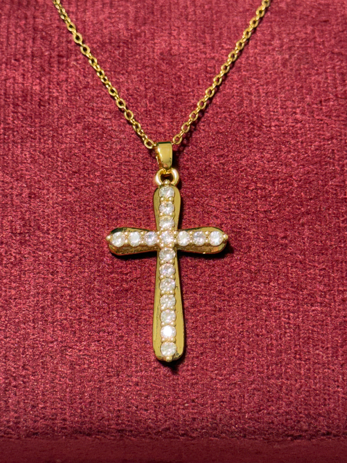 Stainless Steel Gold Crystal Cross Necklace – 18" Adjustable