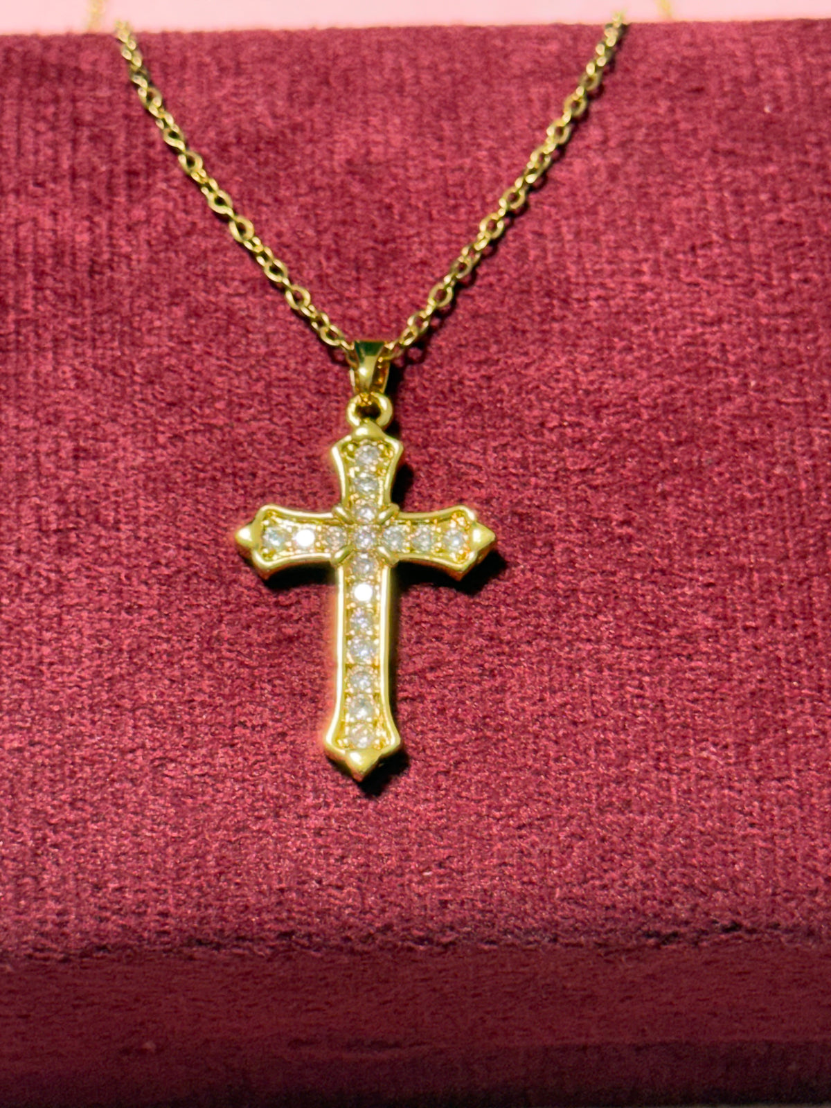 Stainless Steel Gold Vintage-Style Crystal Cross Necklace – 18" Adjustable