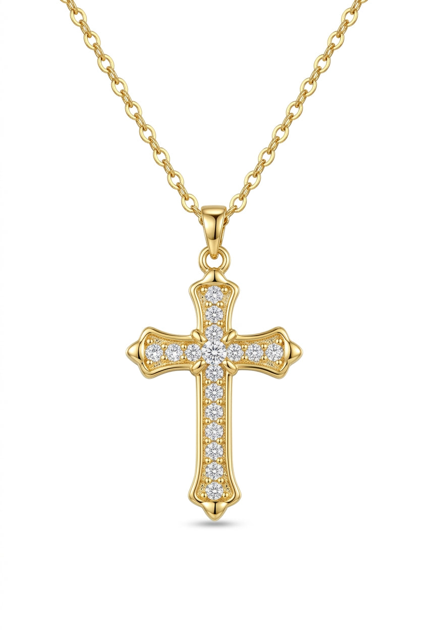 Stainless Steel Gold Vintage-Style Crystal Cross Necklace – 18" Adjustable