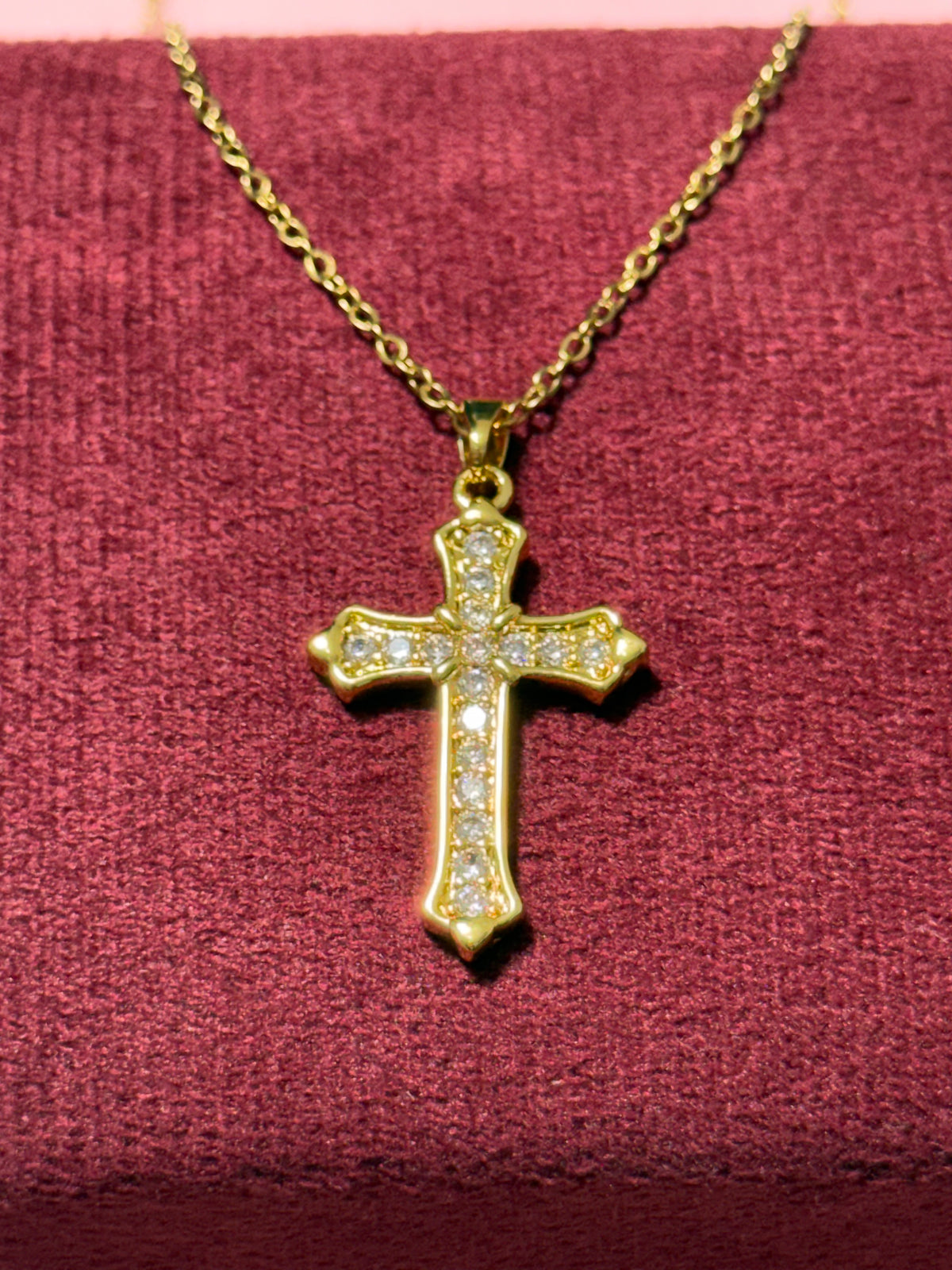 Stainless Steel Gold Vintage-Style Crystal Cross Necklace – 18" Adjustable