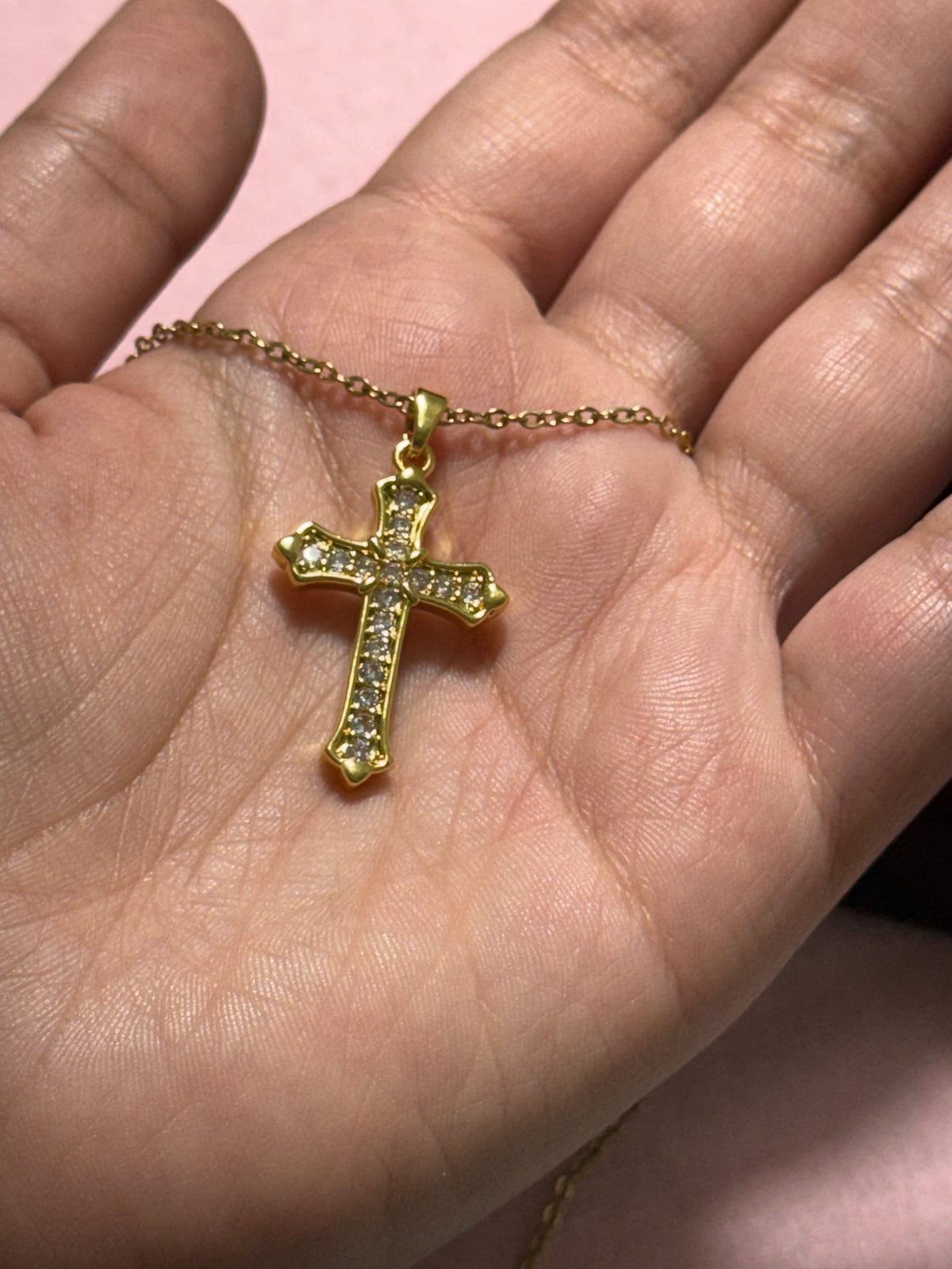 Stainless Steel Gold Vintage-Style Crystal Cross Necklace – 18" Adjustable