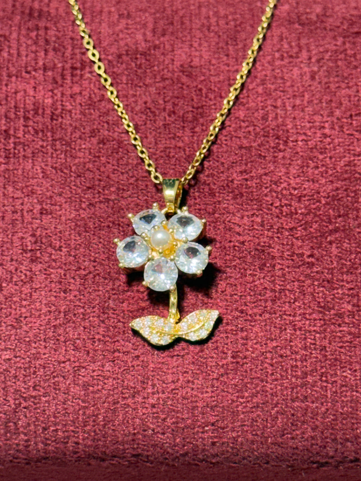 Stainless Steel Gold Crystal Flower Necklace – 18" Adjustable