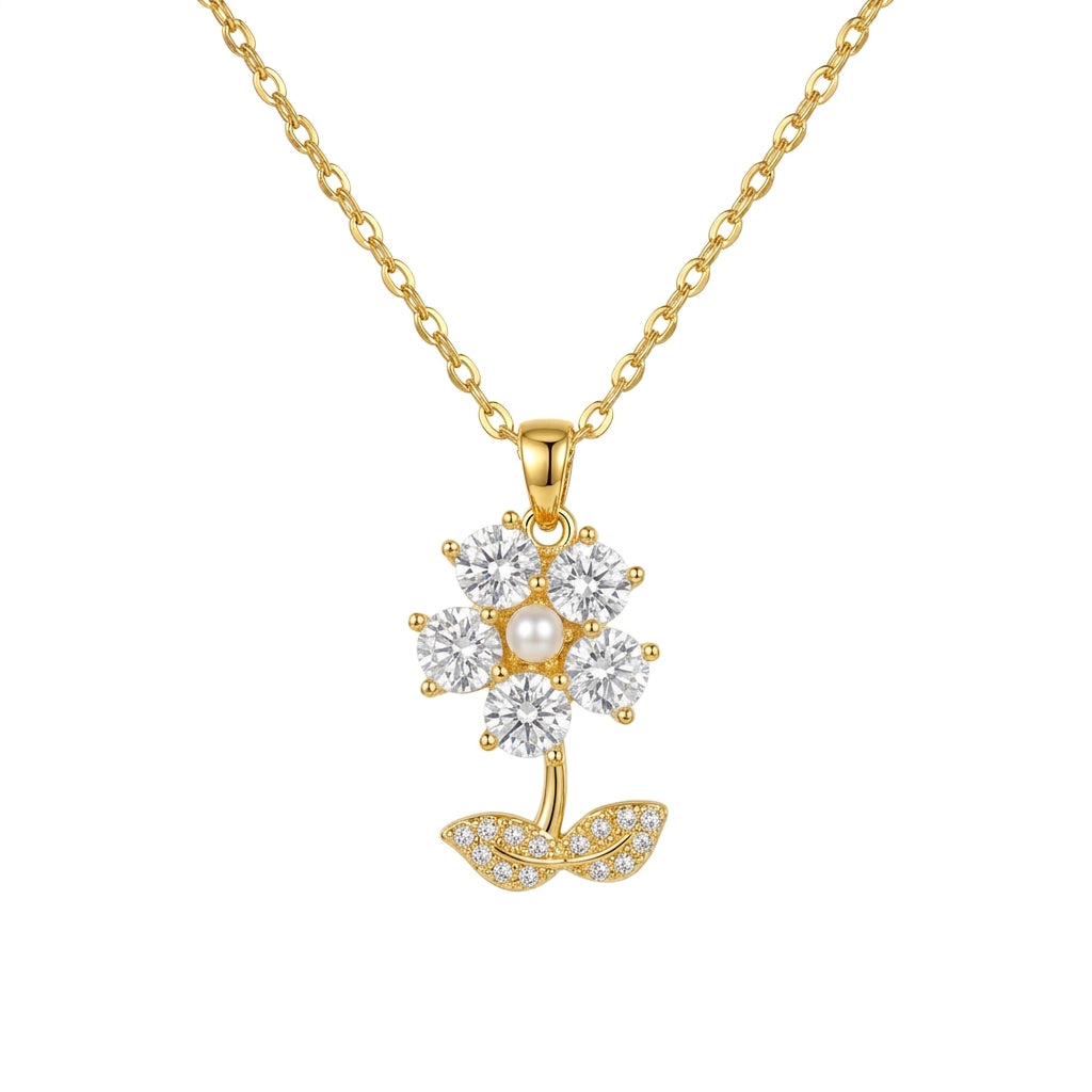 Stainless Steel Gold Crystal Flower Necklace – 18" Adjustable