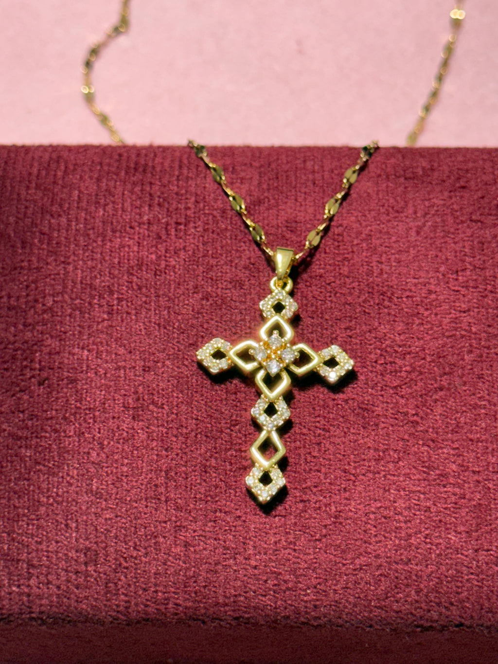 Stainless Steel Gold Geometric Crystal Cross Necklace – 18" Adjustable